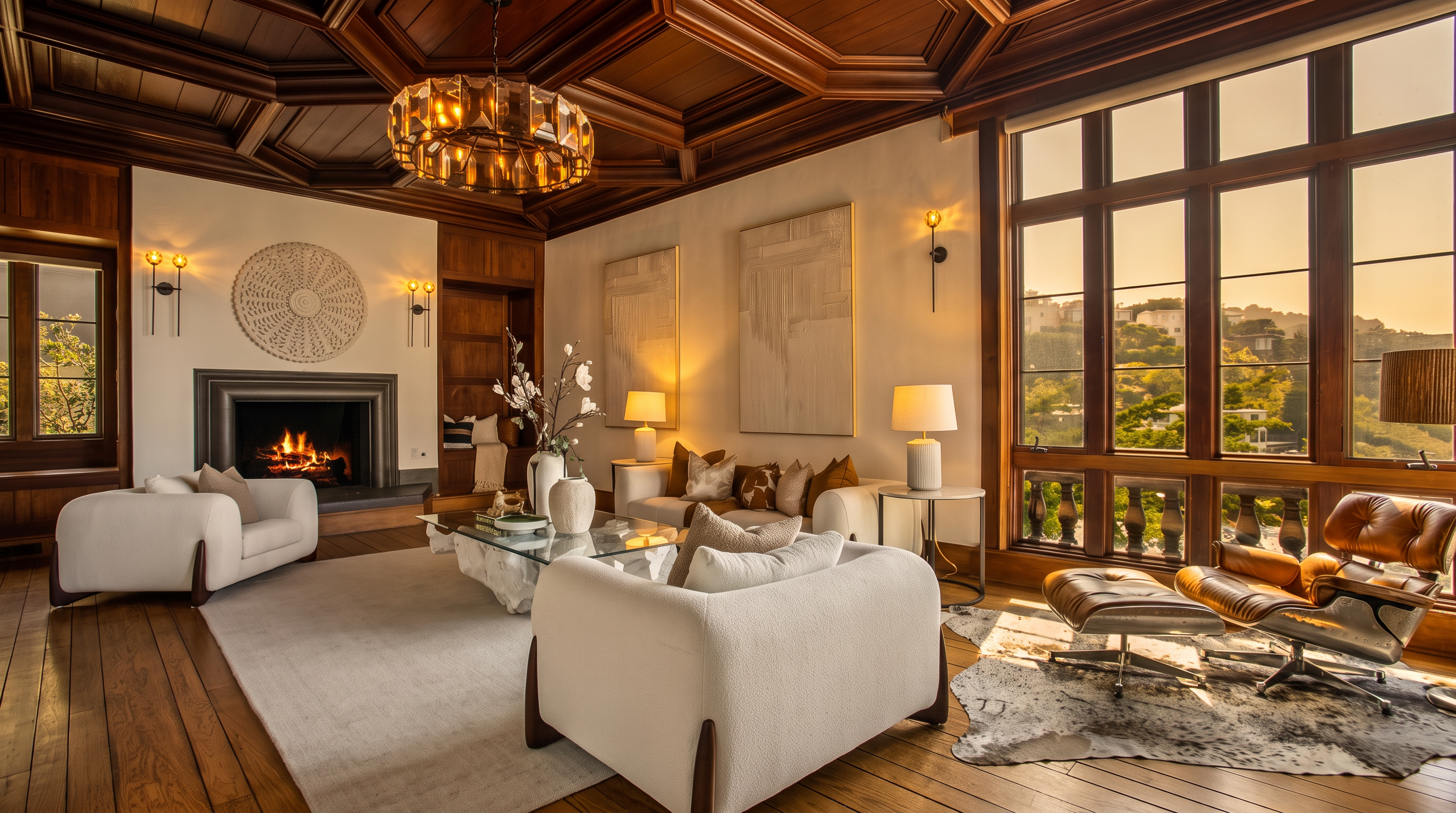 This elegant living room features a dramatic coffered wood ceiling and rich hardwood flooring, creating a warm and sophisticated atmosphere. The space is anchored by a stone fireplace with a classic mantel and is furnished with plush, light-toned seating arranged around a unique glass-topped coffee table. Large windows provide an expansive view of the lush, hilly landscape outside, while a mid-century modern lounge chair adds a touch of iconic style to the corner.