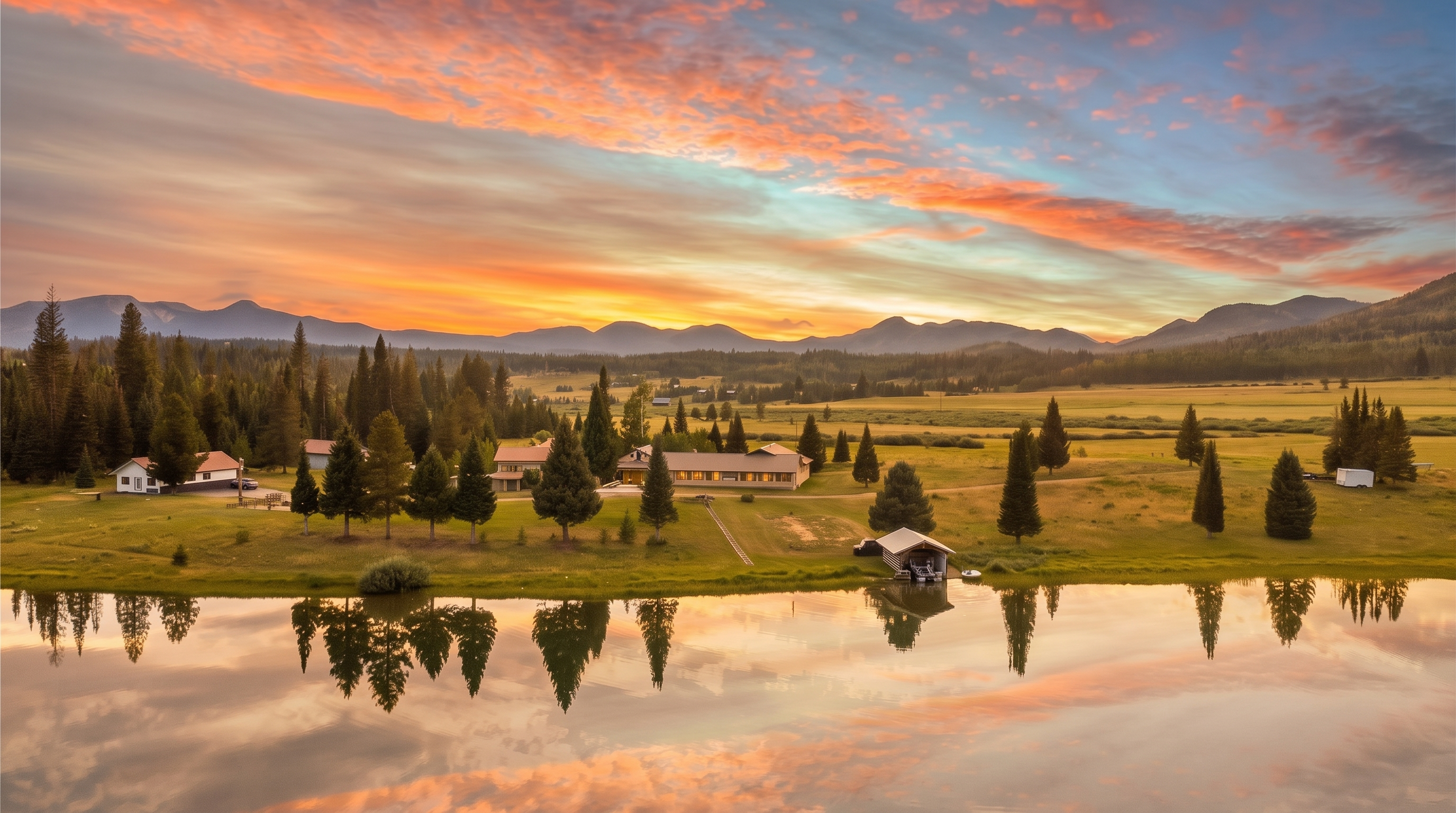 This expansive aerial view captures a serene rural property set against a backdrop of majestic mountains under a vibrant, colorful sunset sky. The landscape features a calm pond in the foreground reflecting the sky, leading to a sprawling grassy meadow dotted with mature evergreen trees and several residential structures. The scene conveys a peaceful, secluded atmosphere, highlighting the vast natural beauty and open space of the estate.