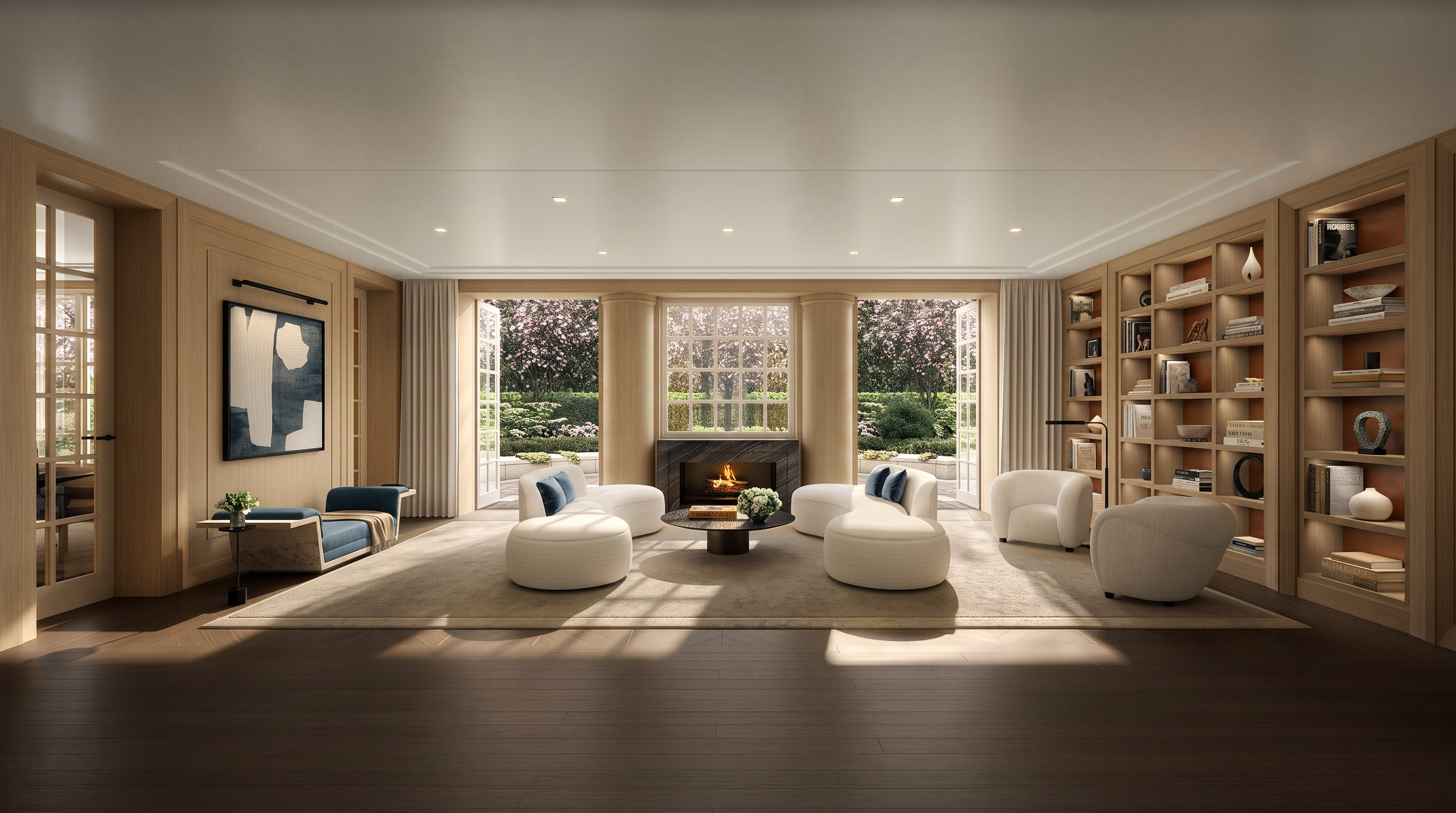 This sophisticated living room features light wood paneling, a central fireplace with a dark stone surround, and built-in shelving units flanking the rear wall. The space is furnished with curved, cream-colored seating and a central coffee table, all arranged on a large area rug atop dark wood flooring. Large glass doors open to a lush garden view, creating a seamless transition between the refined interior and the outdoor landscape.