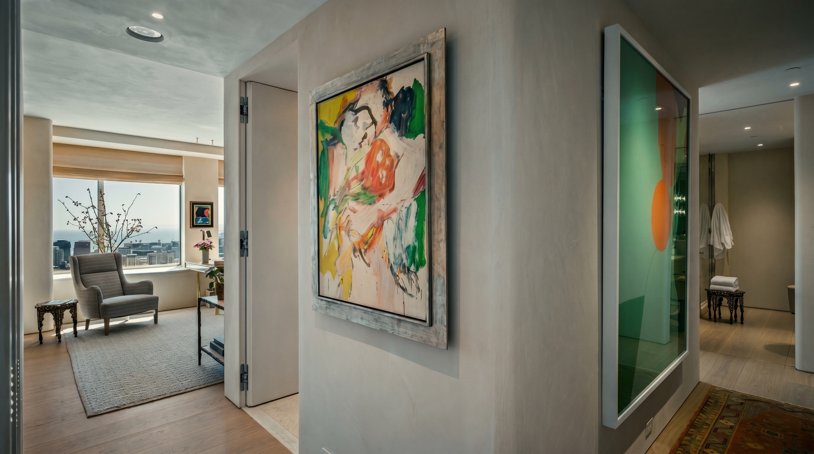 This interior view captures a bright, modern hallway leading into a sunlit living area with expansive city views. The space is adorned with vibrant, large-scale abstract art on the walls and features light wood flooring throughout. A patterned runner rug adds texture to the hallway, while the open transition creates a seamless flow between the gallery-like corridor and the comfortable seating area.