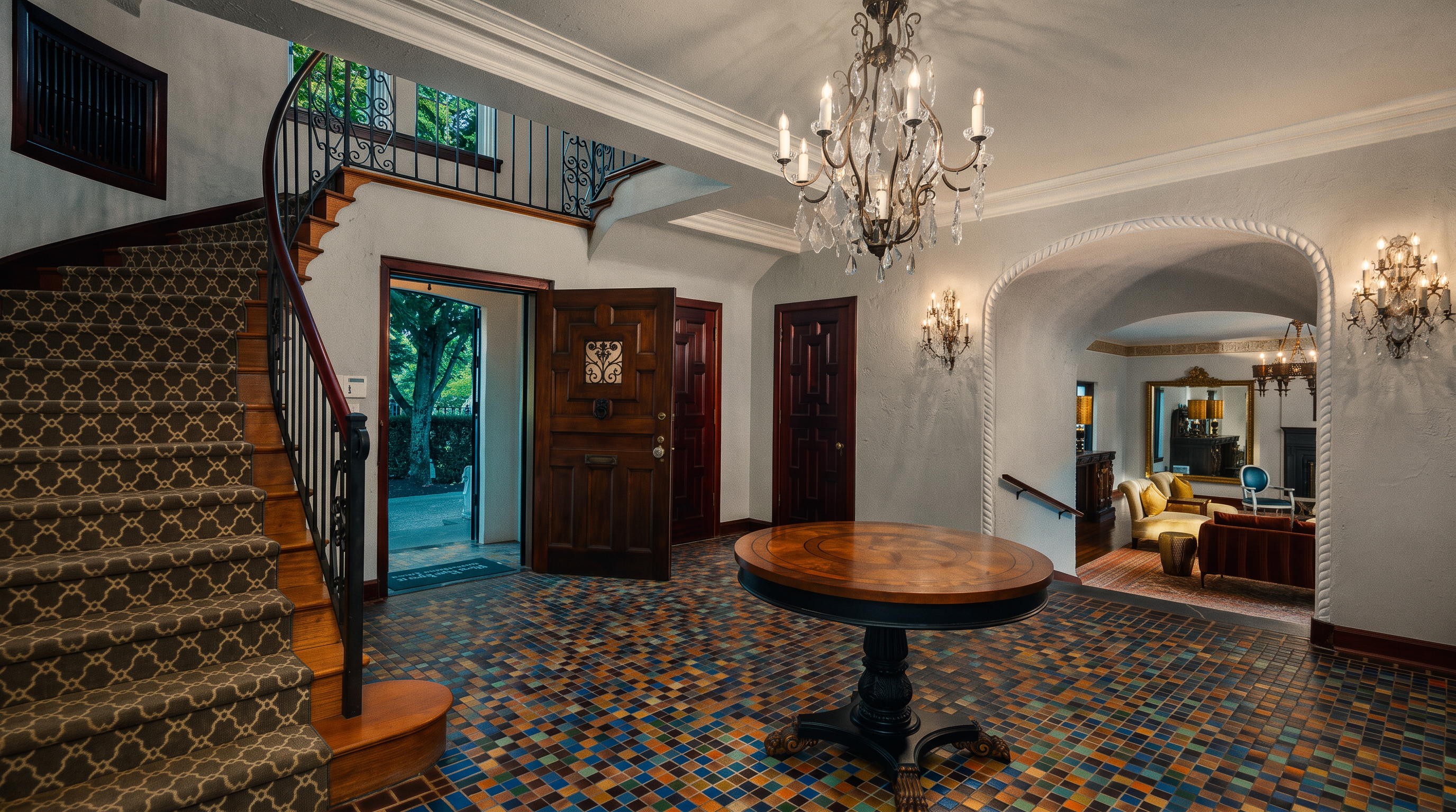 This grand foyer features a striking, multi-colored mosaic tile floor and a sweeping curved staircase with a patterned runner. A large, ornate crystal chandelier serves as the centerpiece, hanging above a circular wooden pedestal table. The space leads through an arched opening into a living area, showcasing a sophisticated, classic architectural style with detailed trim and wall sconces.