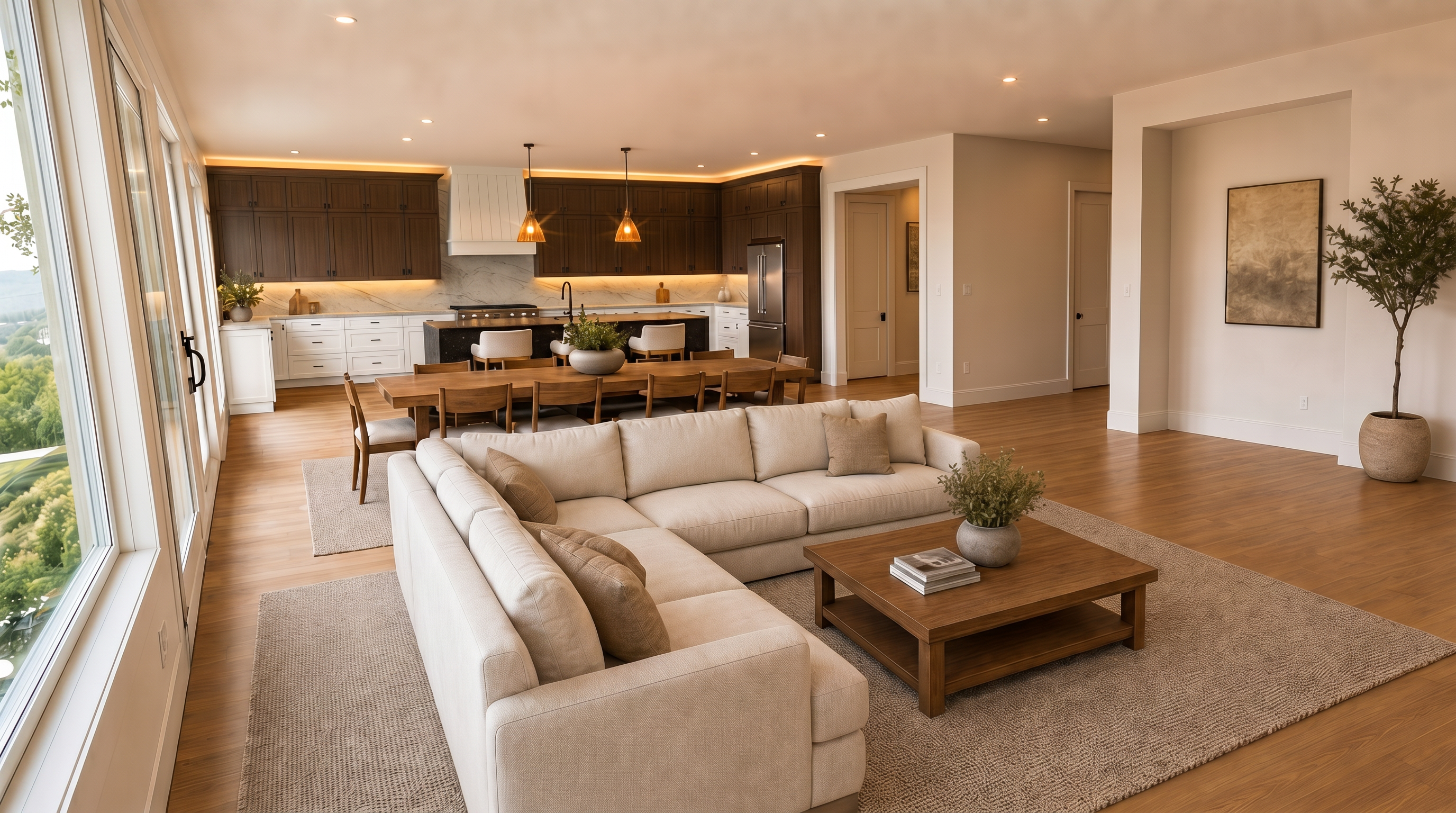 This spacious open-concept home features a sophisticated living area centered around a cozy white sofa and a wooden coffee table. The unified floor plan seamlessly connects the living room to a large dining area with a statement chandelier and a gourmet kitchen equipped with dark cabinetry and a waterfall-edge island. Floor-to-ceiling windows provide expansive natural lighting and serene views, elevating the modern, high-end feel of the property.