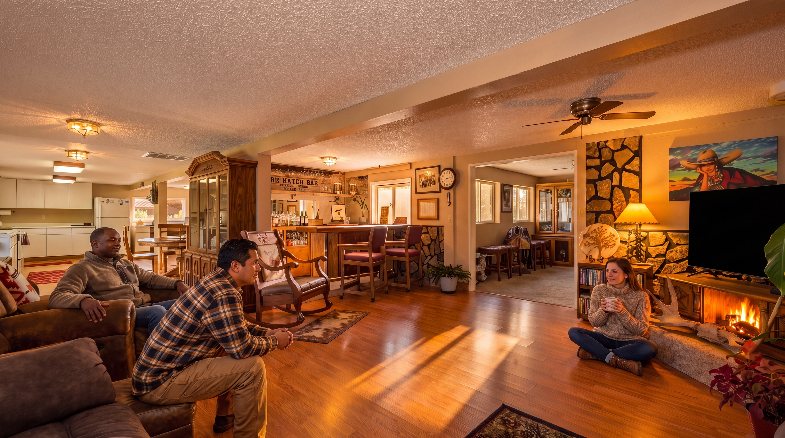 This spacious, open-concept living area features warm wood flooring and a cozy fireplace, creating an inviting atmosphere. The space includes a dedicated home bar, comfortable seating areas, and seamless transitions to a dining space and kitchen. Rich, earthy tones and rustic accents enhance the welcoming, lodge-inspired aesthetic of the home.