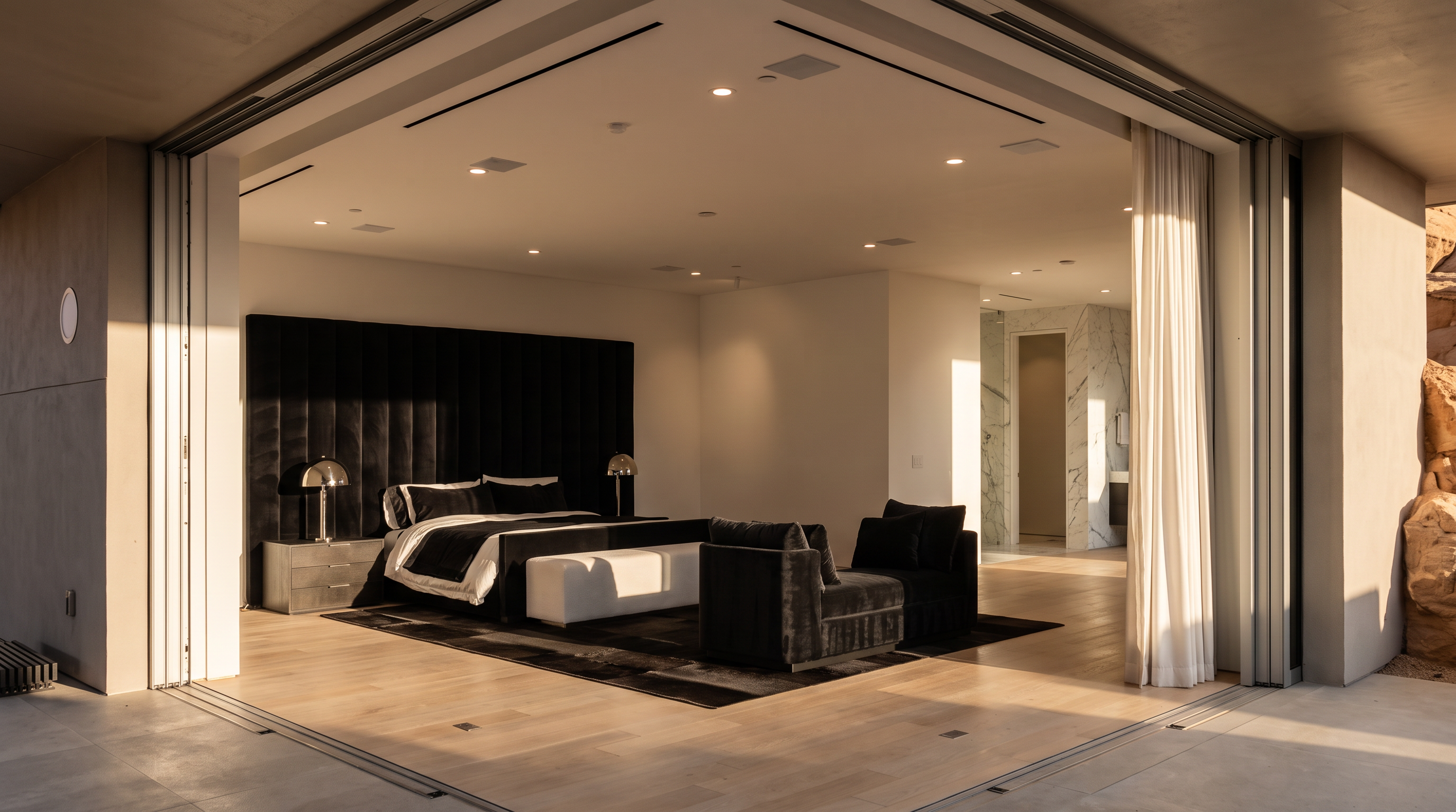 This expansive primary bedroom features a contemporary design with a large, black upholstered headboard and a matching velvet chaise lounge positioned on a dark area rug. The room is defined by its seamless transition to the outdoors, utilizing floor-to-ceiling glass walls that slide open to reveal an adjacent patio space. Light wood flooring and recessed ceiling lighting create a bright, sophisticated atmosphere, while a glimpse of a light-toned, tiled bathroom is visible through an open doorway.