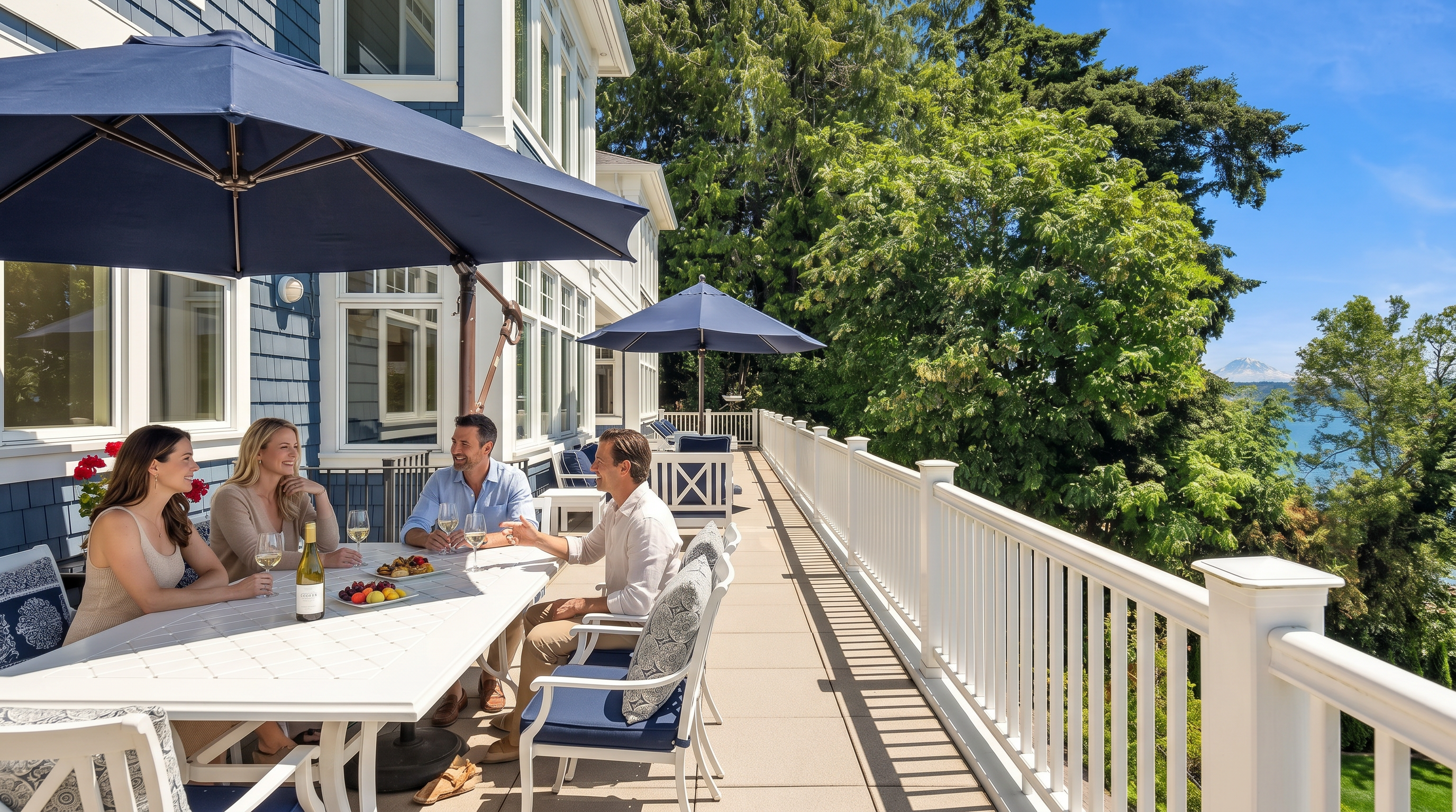 This spacious, elevated deck features light-colored stone tiling and a white railing, offering a serene outdoor living space. The area is furnished with comfortable patio seating and umbrellas, providing a perfect vantage point to enjoy the lush greenery and distant mountain views. The blue-shingled exterior of the home adds a classic, coastal aesthetic to this inviting outdoor retreat.