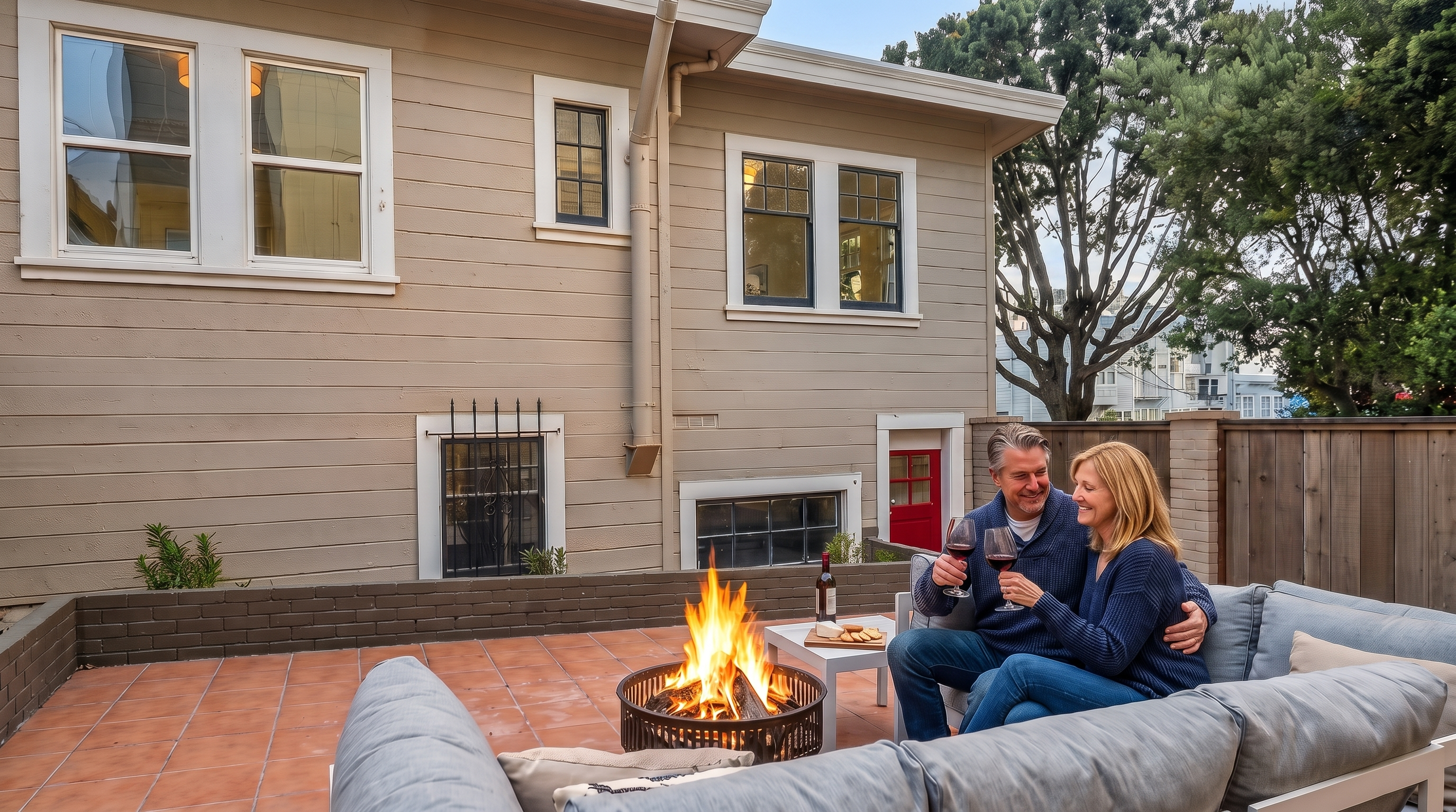 This outdoor space features a tiled patio area furnished with a modern sectional sofa and a central fire pit. The patio is enclosed by a low brick retaining wall and a wooden privacy fence, creating a cozy and private setting. The exterior of the house is finished in light-colored siding with multiple windows, and a small garden bed with a young tree adds greenery to the corner.