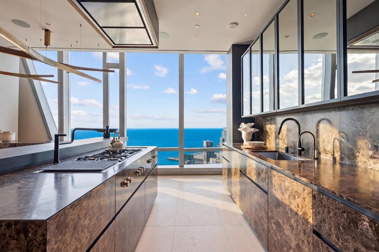 This high-end, modern kitchen features dark, rich stone cabinetry and countertops that create a sophisticated, moody aesthetic. The space is anchored by a central island with an integrated cooktop and a sleek faucet, while floor-to-ceiling windows provide a breathtaking, unobstructed view of the ocean and city skyline. The minimalist design is complemented by reflective upper cabinetry and clean, light-colored floor tiles, emphasizing the luxury and height of the room.