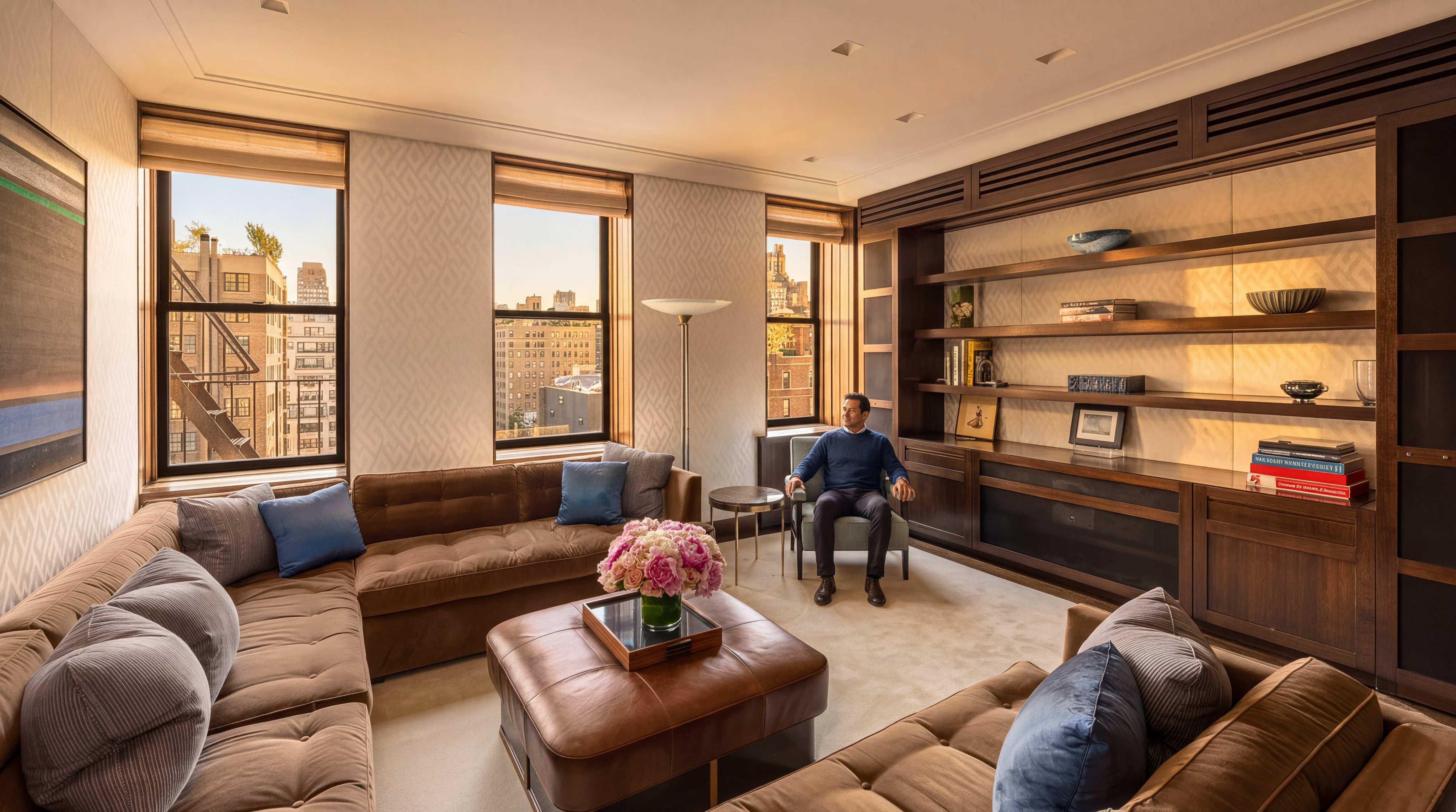 This sophisticated living room features a spacious brown leather sectional and a matching ottoman, centered around a warm, wood-paneled wall unit with built-in bookshelves. Large windows provide an abundance of natural light and city views, while elegant wallpaper and a modern floor lamp add a refined aesthetic. The space is expertly staged with a person seated in a teal armchair, highlighting its versatile and comfortable design.