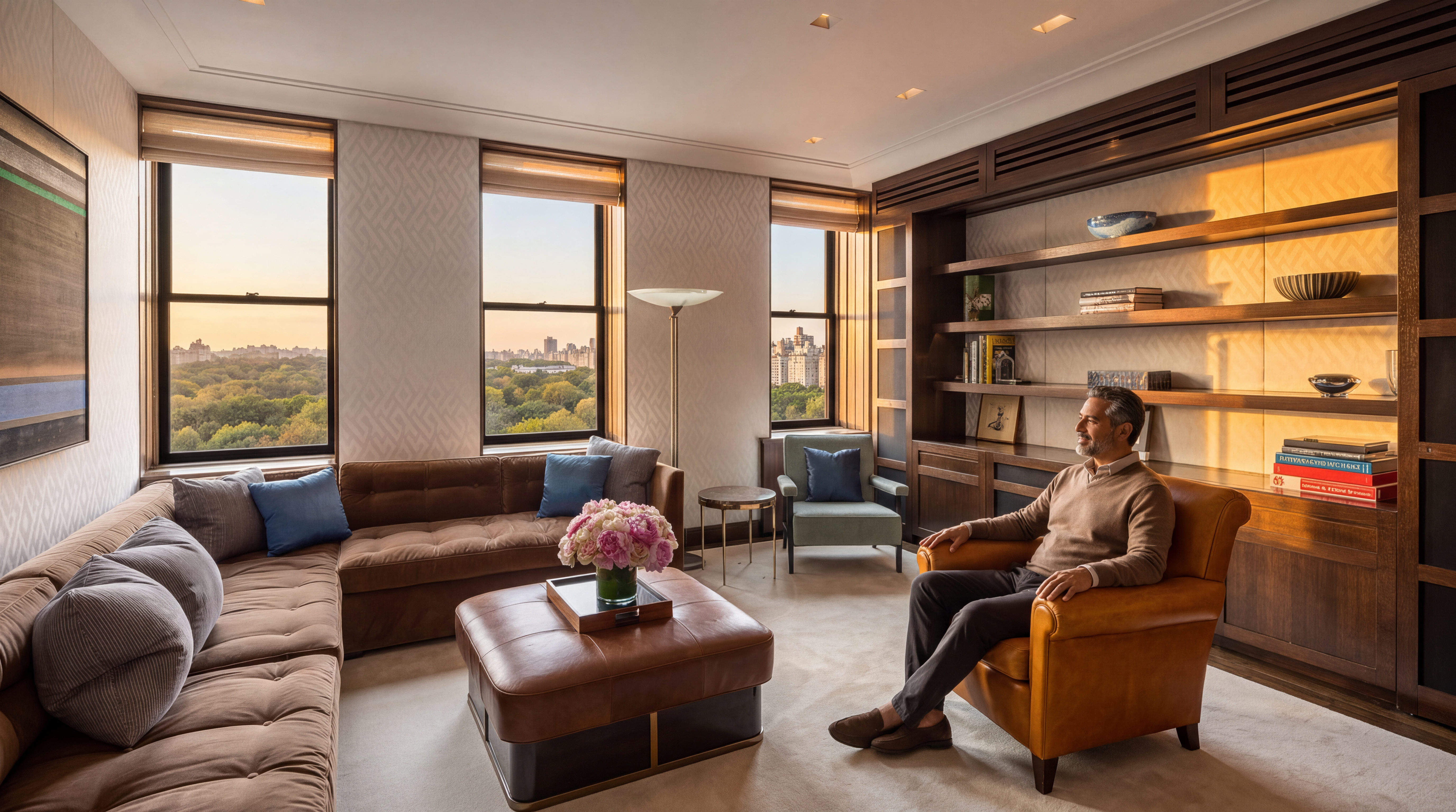 This sophisticated, sun-drenched living room features high-end finishes, including a large brown sectional sofa, leather armchairs, and floor-to-ceiling wooden shelving units. Large windows provide stunning, unobstructed views of Central Park, anchoring the space in luxury urban living. The warm ambient lighting and elegant decor create a refined and tranquil atmosphere ideal for relaxation.