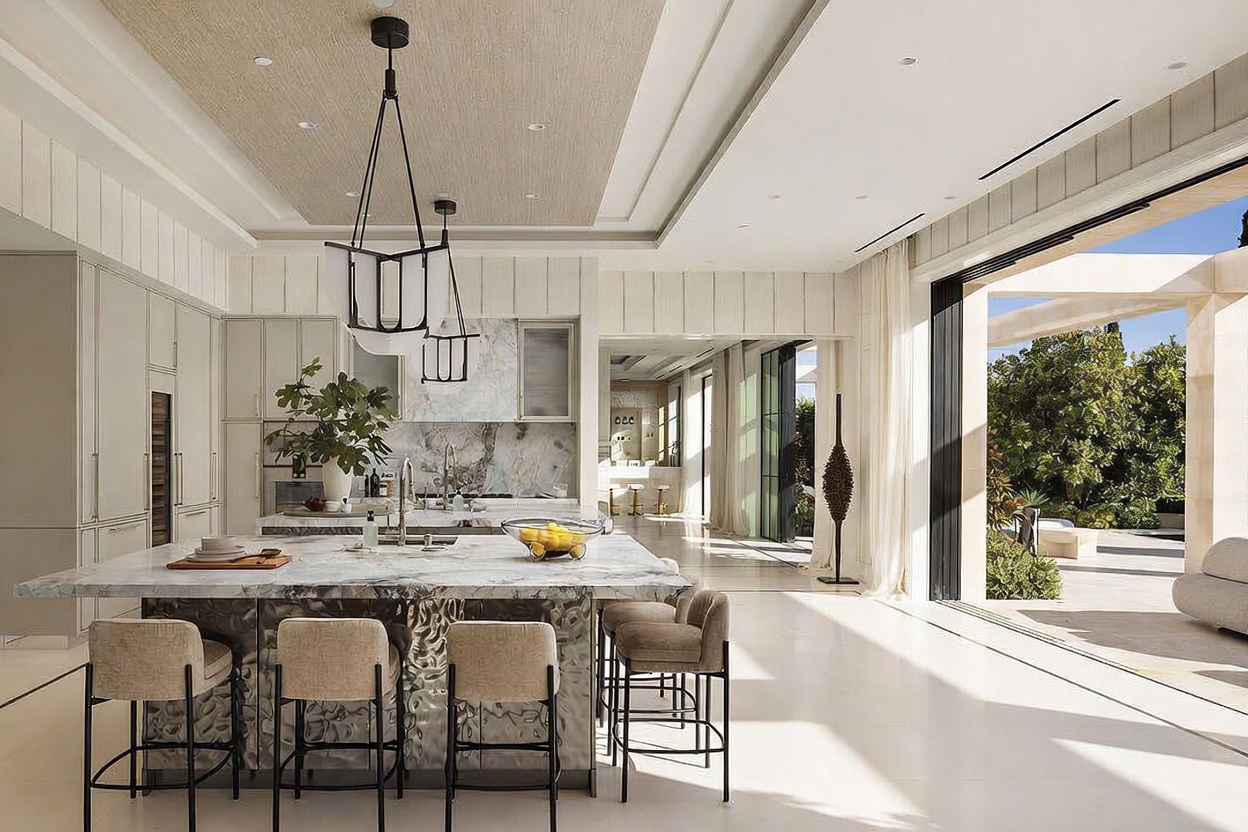 This expansive, modern kitchen features a large central island with a stone countertop and textured metallic base, complemented by four upholstered bar stools. The space is defined by light-toned cabinetry, a stone backsplash, and a distinctive geometric pendant light fixture hanging from a recessed ceiling detail. Large sliding glass doors open the room to an outdoor patio, creating a seamless transition between the indoor living area and the sunlit garden beyond.
