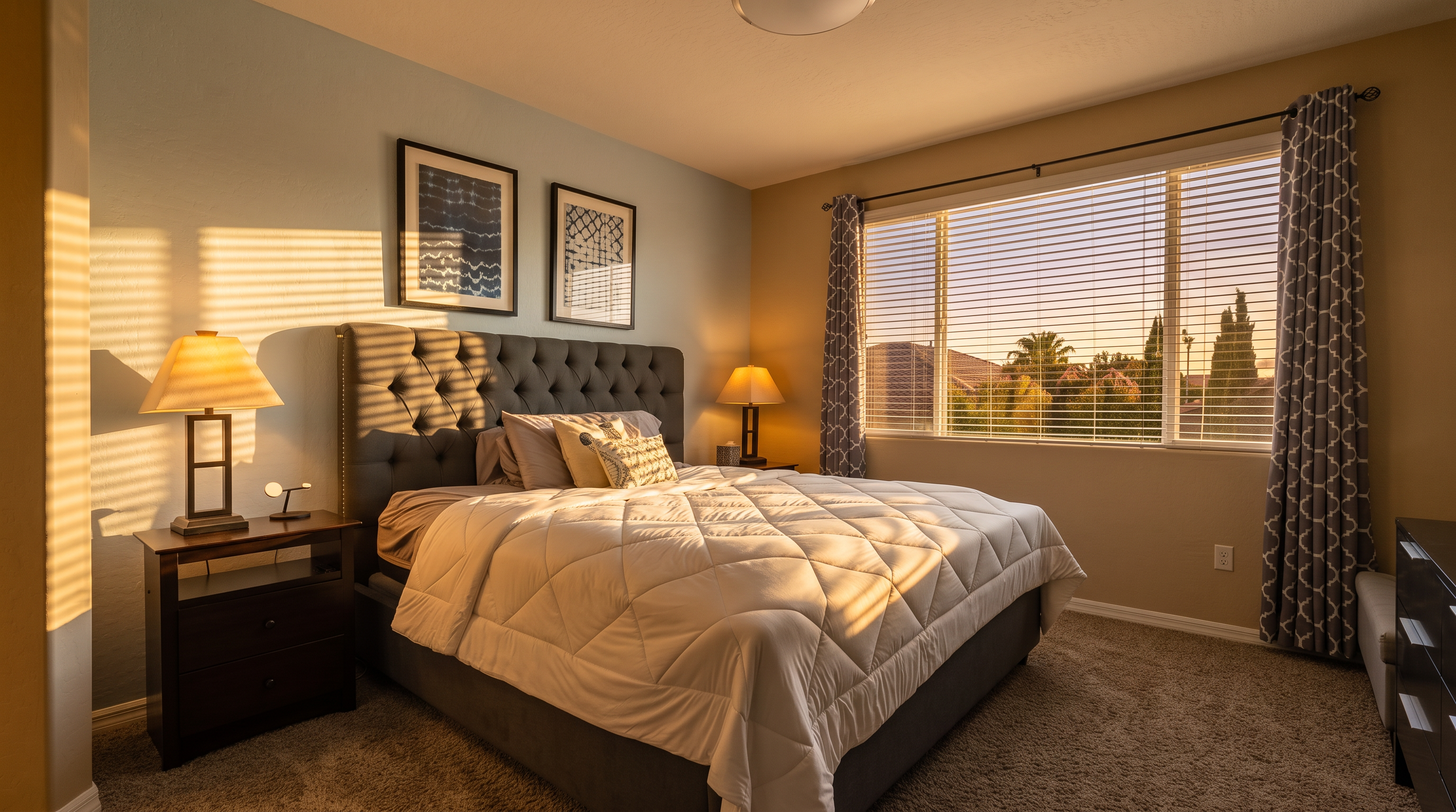 This primary bedroom features a plush, tufted gray upholstered headboard as the focal point, complemented by a light blue accent wall and neutral beige side walls. The room is furnished with a white-quilted bed, dark wood nightstands with matching lamps, and patterned curtains framing a large window that allows natural light to fill the space. A ceiling fan with an integrated light fixture centers the room, which is finished with wall-to-wall carpeting for a cozy, inviting atmosphere.