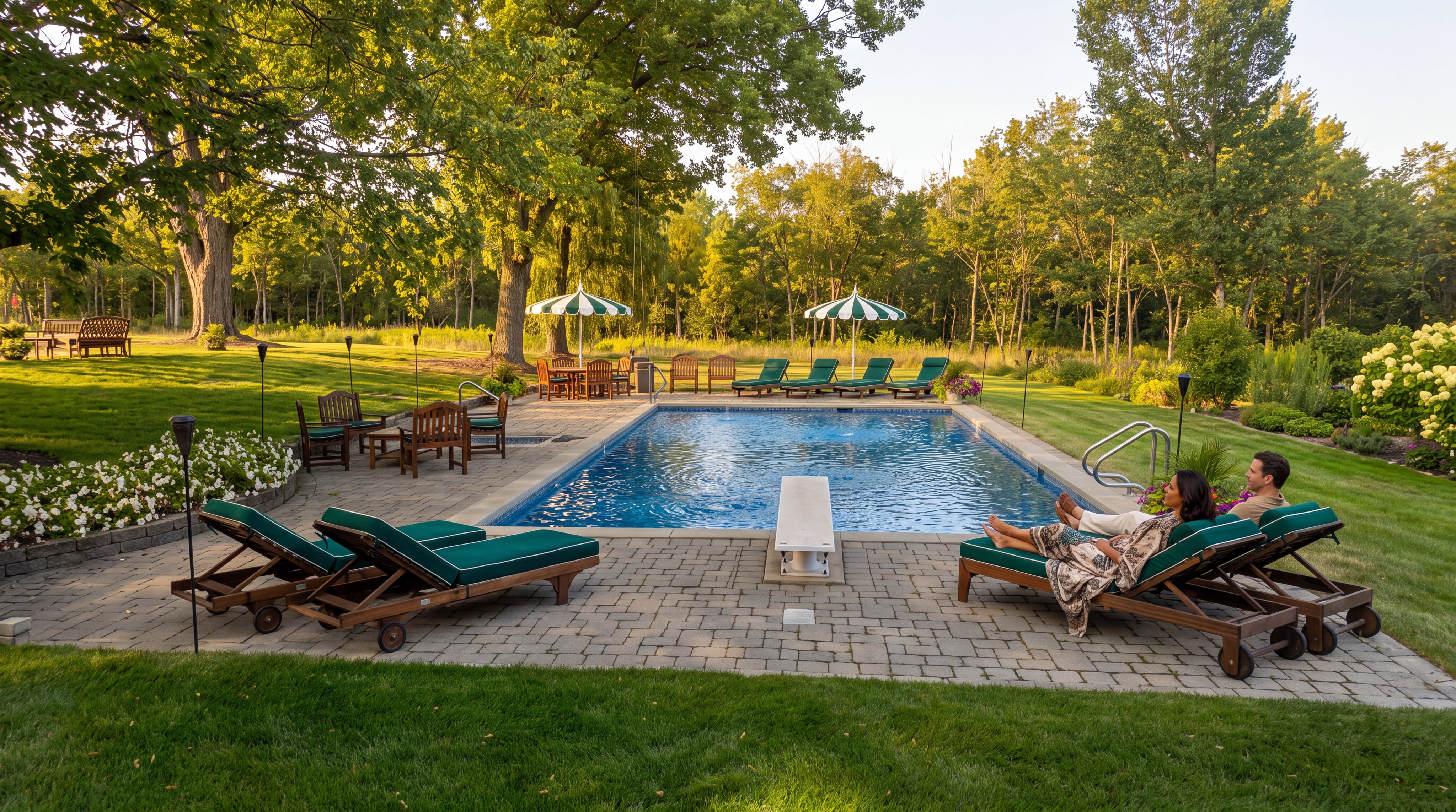 This serene backyard features a pristine rectangular swimming pool complete with a diving board, surrounded by a spacious paver stone patio. The area is furnished with multiple green-cushioned lounge chairs, dining tables with umbrellas, and a tranquil woodland backdrop. This well-maintained outdoor space offers an ideal setting for relaxation and entertainment.
