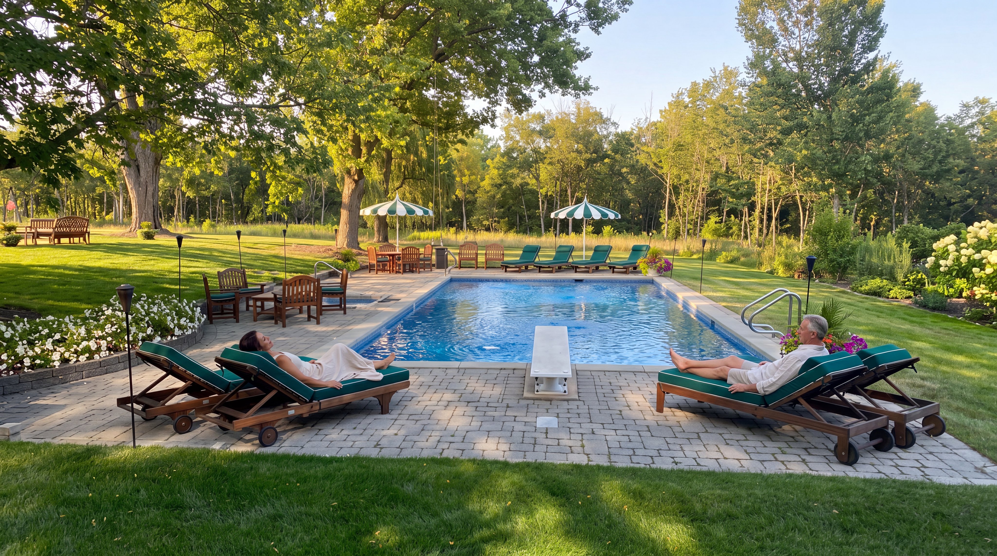 This tranquil outdoor retreat features a pristine rectangular swimming pool complete with a diving board, surrounded by lush green lawns and mature landscaping. A paved patio area is thoughtfully furnished with numerous lounge chairs and umbrellas, offering a perfect setting for relaxing or entertaining. The expansive, well-manicured grounds provide a peaceful and private atmosphere, ideal for leisurely afternoons.