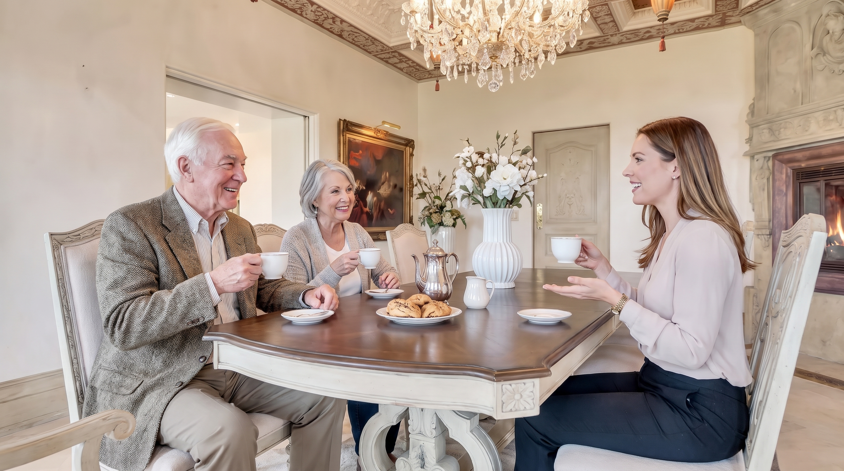 This formal dining room features an ornate, coffered ceiling with gold-leaf detailing and a large crystal chandelier as the centerpiece. A long dining table with eight upholstered chairs sits on a neutral area rug, positioned near a stone fireplace with a decorative mantel. The room is brightened by large glass doors with patterned valances, creating an elegant and sophisticated atmosphere.