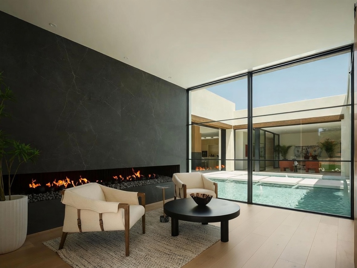This sophisticated living room features a striking dark stone wall with a long, linear fireplace insert that creates a dramatic focal point. The space is anchored by two cream-colored armchairs and a circular coffee table set atop a textured area rug, all positioned to overlook a serene courtyard pool through expansive, floor-to-ceiling glass walls. The minimalist design, light wood flooring, and seamless indoor-outdoor connection evoke a high-end, contemporary aesthetic.