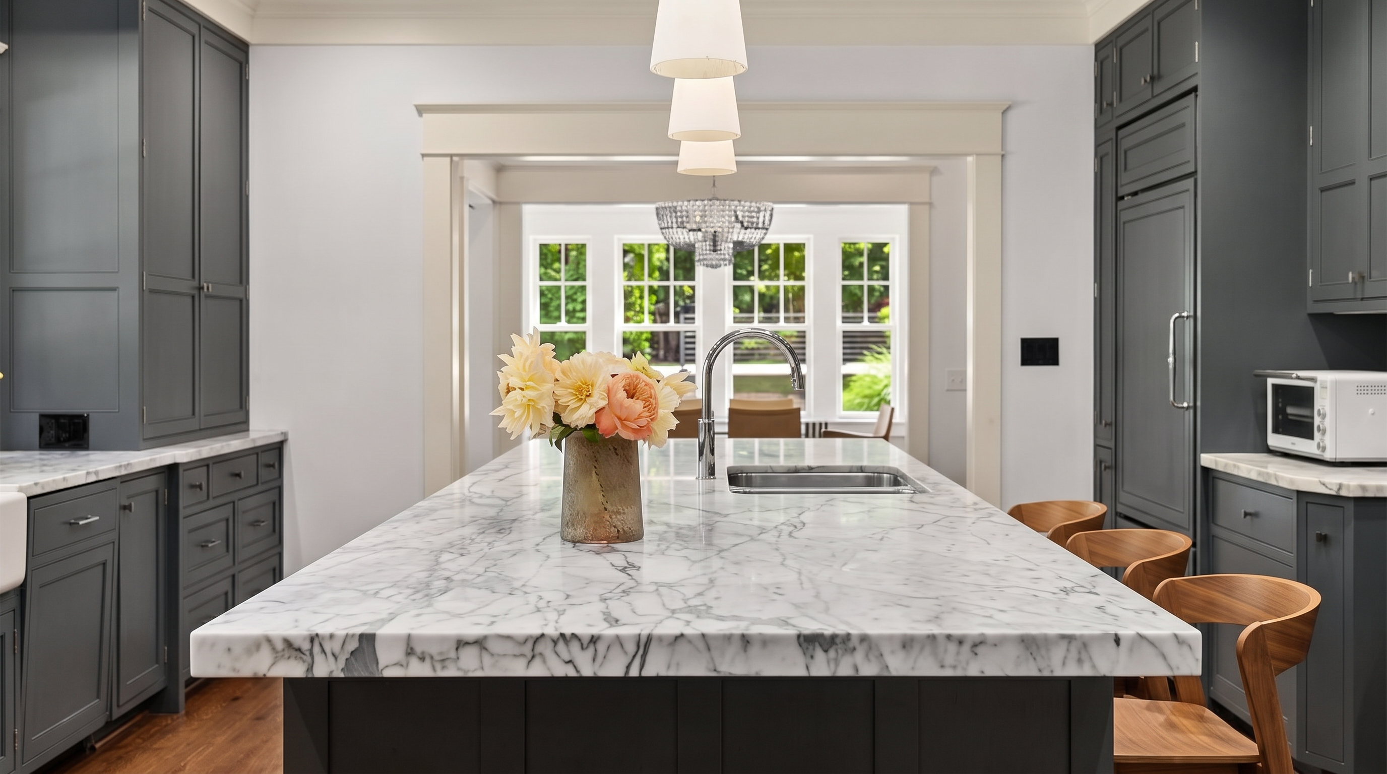 This spacious, high-end kitchen features dark-toned cabinetry contrasted by light-colored stone countertops and a matching backsplash. A large central island serves as the focal point, equipped with a sink and bar seating, while warm wood flooring runs throughout the room. The perspective is centered, showcasing a symmetrical layout that leads the eye toward a bright, open transition area in the background.