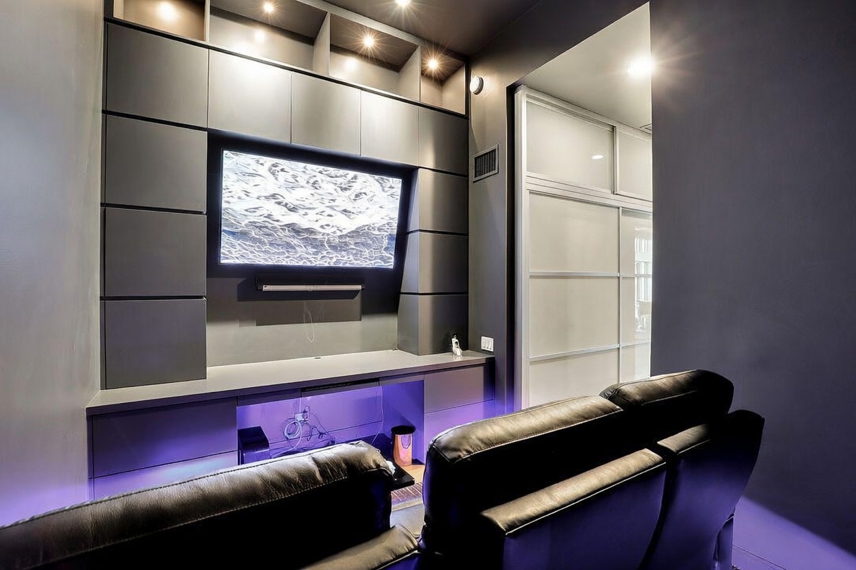 This image showcases a dedicated home theater room featuring a large wall-mounted television integrated into a custom dark gray cabinetry unit. The space is furnished with plush, dark leather theater-style seating and is accented by subtle purple under-cabinet lighting. The perspective is from behind the seating, looking toward the media wall, creating an immersive and cozy cinematic atmosphere.