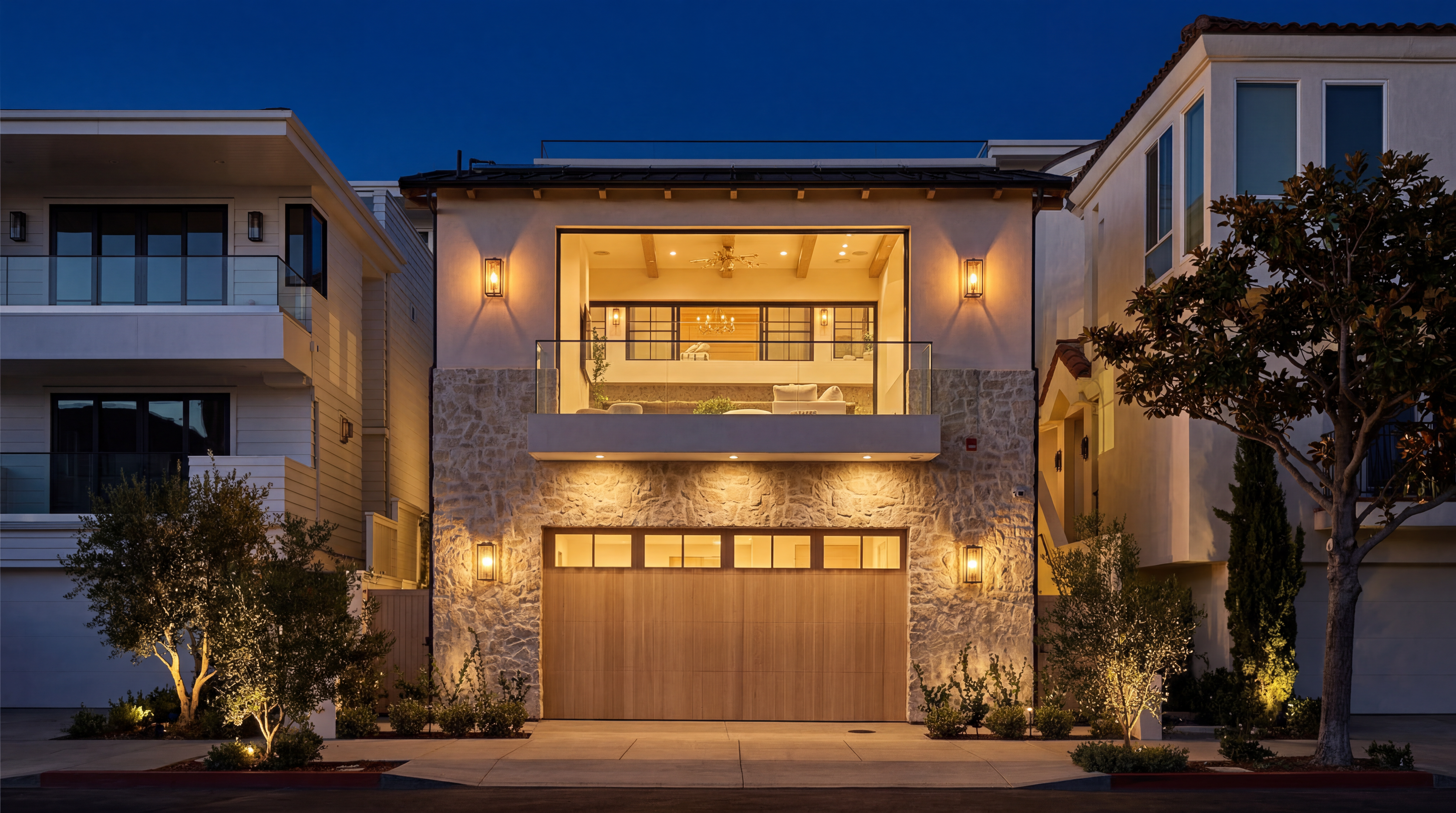 This stunning contemporary residence features a striking facade with natural stone masonry, a warm-toned wooden garage door, and a spacious, well-lit balcony overlooking the street. Captured at dusk, the home showcases curated exterior lighting that highlights its clean lines, modern architectural design, and welcoming aesthetic. Mature landscaping and symmetrical wall sconces further enhance the property's appealing curb appeal and sophisticated atmosphere.