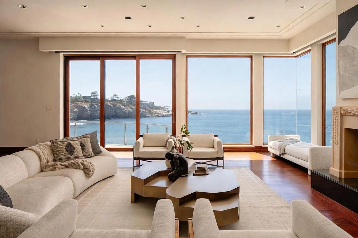 This bright and airy living room features a neutral color palette with a large, curved sofa and two armchairs arranged around a sculptural, multi-tiered coffee table. The space is defined by expansive, wall-to-wall windows that provide panoramic views of the ocean and rocky coastline. The room is finished with warm wood flooring and a minimalist aesthetic, creating a serene and sophisticated atmosphere.