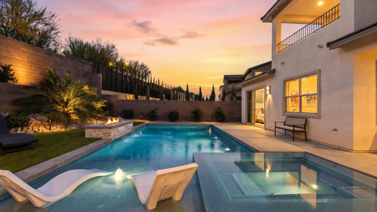 This evening shot captures a luxurious backyard oasis featuring a modern swimming pool with integrated spa and built-in lounge chairs. A stone-clad water feature adds a tranquil element, while the surrounding patio provides ample space for outdoor seating. The scene is illuminated by vibrant blue pool lighting, contrasting beautifully with the soft hues of the twilight sky.