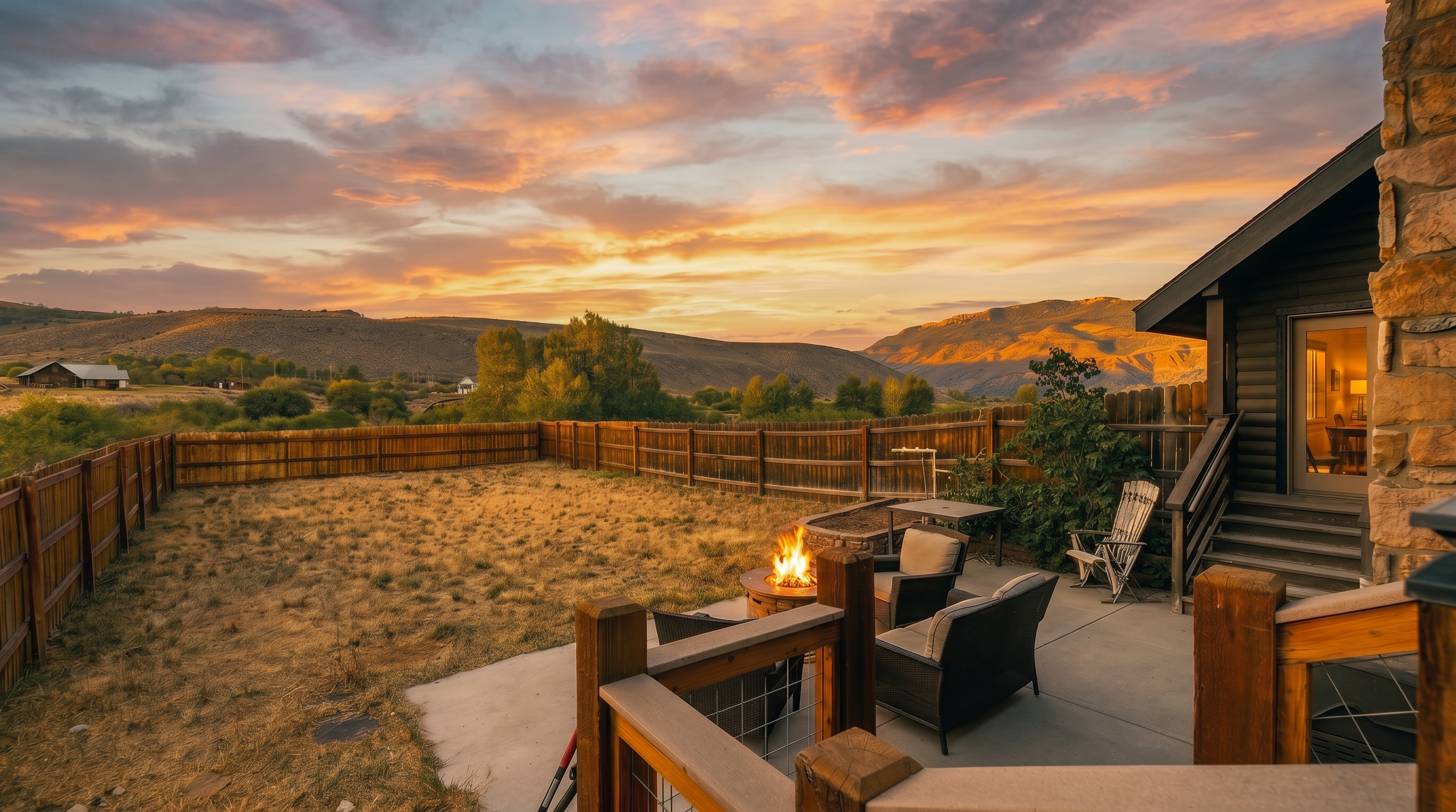 This elevated perspective captures a spacious concrete patio area featuring a fire pit and comfortable outdoor seating, perfect for relaxing while enjoying the mountain views. The patio is bordered by a wooden railing and leads out to a large, fenced-in backyard with dry, natural landscaping. The scene is framed by the side of a rustic home with stone accents and a wooden staircase, creating a warm and inviting outdoor living space.
