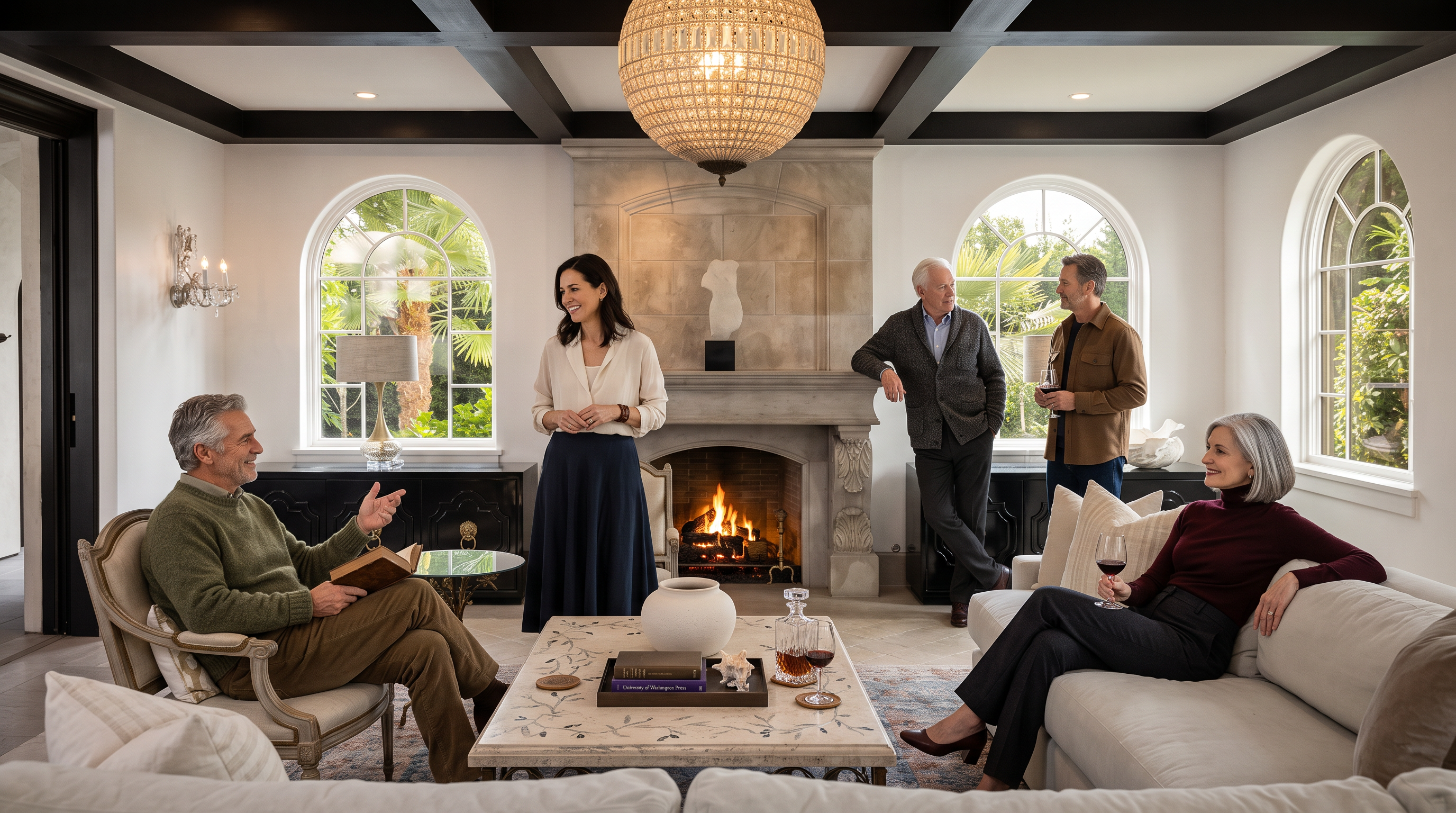 This elegant living room features a coffered ceiling with dark beams and a central crystal globe chandelier. A stone-clad chimney breast serves as the focal point, housing a warm fireplace flanked by two black console tables and arched windows that look out onto lush greenery. The space is furnished with a large, light-colored sectional sofa and a patterned area rug, creating a sophisticated and inviting atmosphere.