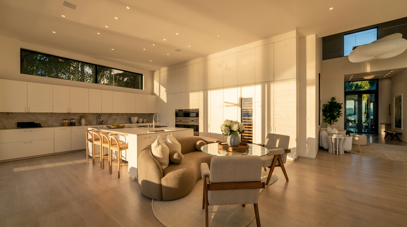 This expansive, modern open-concept kitchen features sleek white cabinetry, a large central island with bar seating, and high-end built-in appliances. A curved, neutral-toned sofa and a glass-topped dining table create a cozy seating area directly adjacent to the kitchen, while light wood flooring runs throughout the space. The room is illuminated by recessed lighting and natural light streaming in from a long, horizontal window above the counter and a glass doorway leading to an outdoor area.