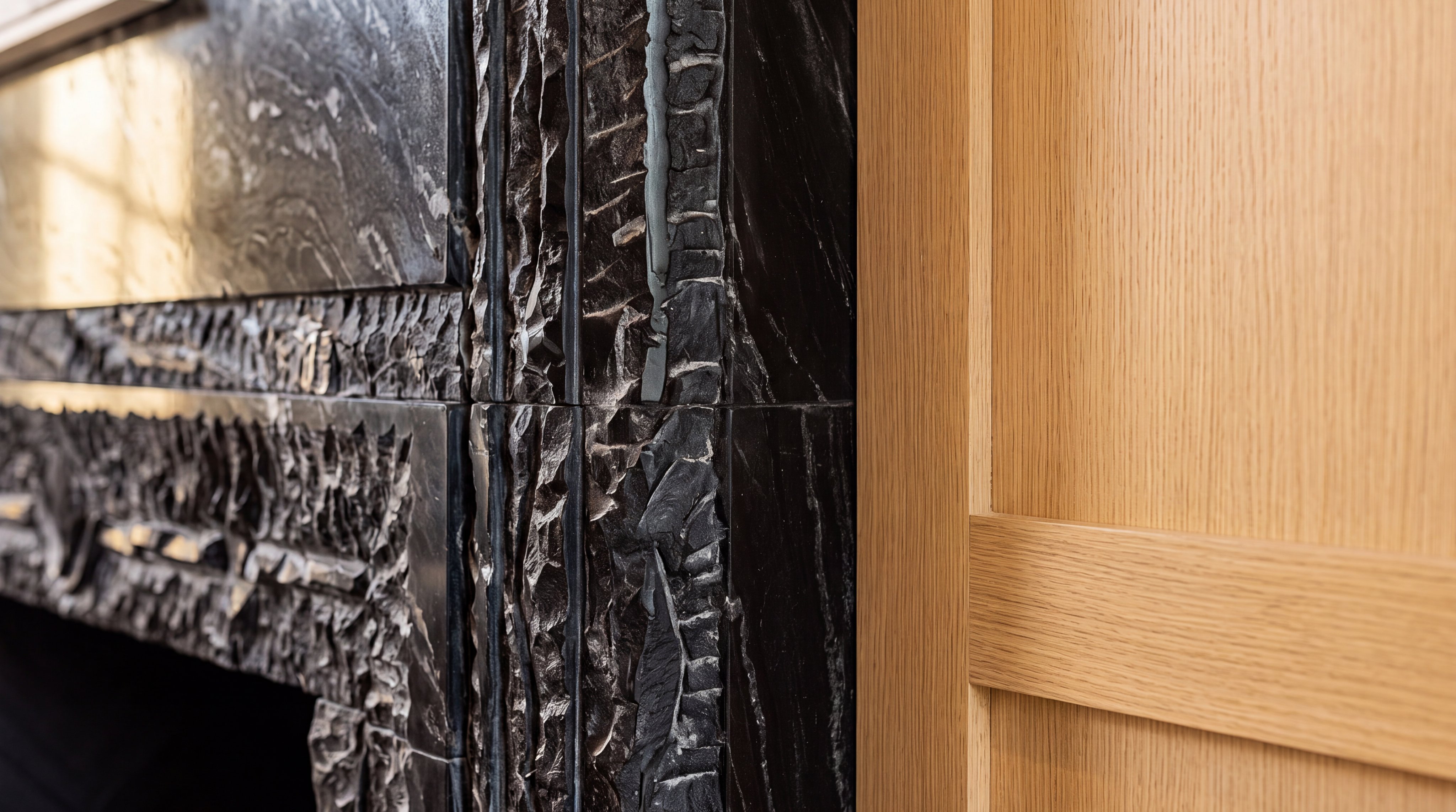 This architectural detail features a striking contrast between a rough-hewn, dark stone fireplace surround and light-toned, vertically grained oak cabinetry. The juxtaposition of the rugged, textured black stone and the clean, natural warmth of the wood highlights a sophisticated and modern design aesthetic. It serves as a focal point, emphasizing high-end materiality and quality craftsmanship within a living space.