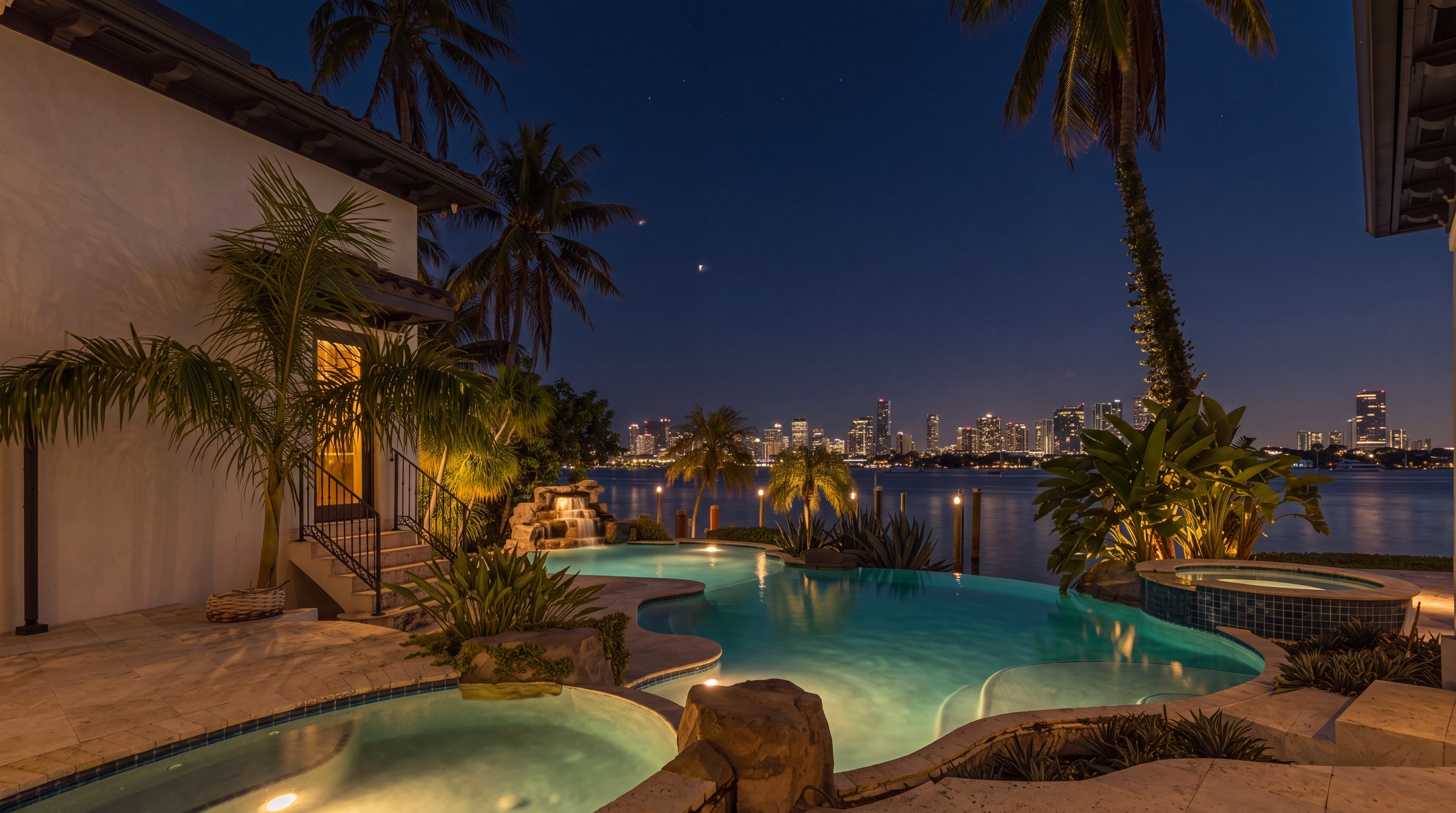 This breathtaking night view captures a luxurious infinity-edge pool and spa set against a stunning backdrop of a city skyline across the water. The beautifully landscaped outdoor area features lush palm trees, ambient accent lighting, and a cascading rock waterfall, creating an elegant and serene atmosphere ideal for entertainment. The combination of high-end hardscaping, water features, and expansive panoramic views highlights the property's prime waterfront location.