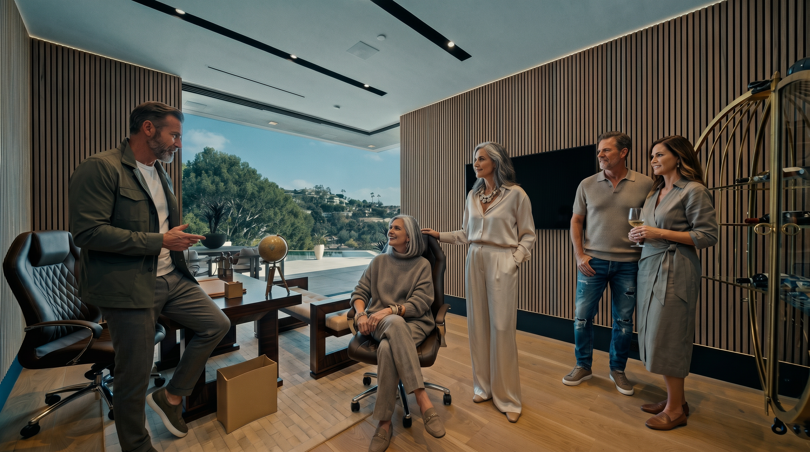 This sophisticated home office features striking vertical wood slat wall paneling and sleek, recessed linear lighting that creates a modern, high-end aesthetic. The room is anchored by a dark wood desk and a premium leather executive chair, while a large glass wall opens seamlessly to a sun-drenched patio and pool area with scenic hillside views. The combination of warm wood tones and clean, minimalist lines provides a professional yet inviting atmosphere.