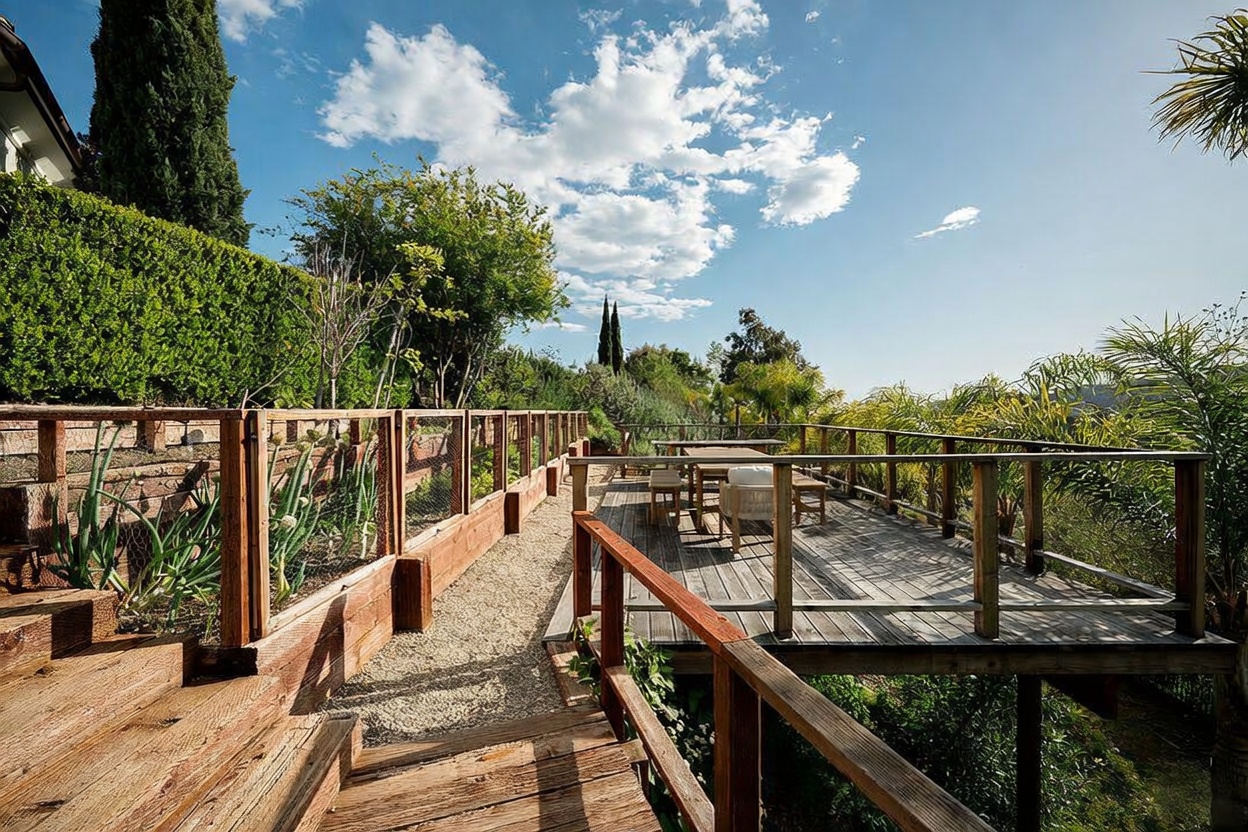 This elevated wooden deck offers a serene outdoor living space, featuring a dining set and a clear view of the surrounding landscape. To the left, a terraced garden area is enclosed by wooden fencing and wire mesh, creating a rustic and functional aesthetic. The perspective captures the transition from the wooden stairs to the expansive deck, highlighting the open-air design and natural surroundings.