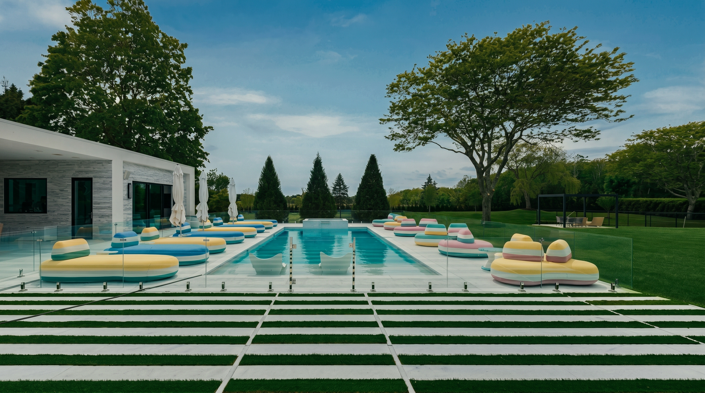 This expansive outdoor living space features a rectangular swimming pool as the central focal point, surrounded by modern, colorful lounge seating. The pool deck is composed of alternating strips of stone and grass, leading toward a manicured lawn and mature trees in the background. The scene is captured from a low, eye-level perspective, emphasizing the clean lines of the contemporary architecture and the serene, resort-like atmosphere.