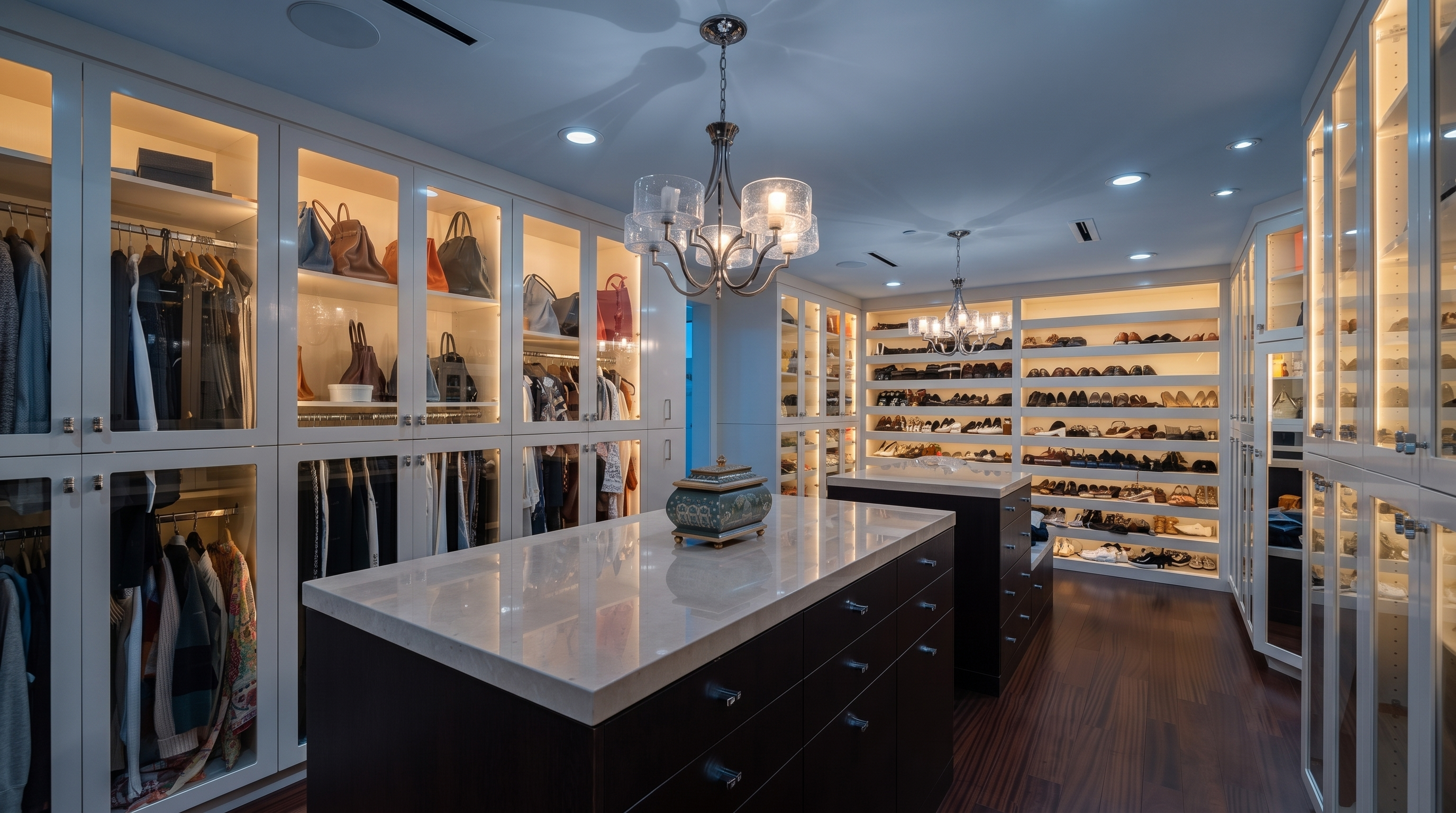This expansive walk-in closet features custom white cabinetry with glass-front doors and integrated lighting, providing ample storage for clothing and accessories. A large central island with a light-toned stone countertop and dark wood drawers serves as a focal point, complemented by two elegant chandeliers. The room is finished with dark wood flooring, creating a sophisticated and organized atmosphere.