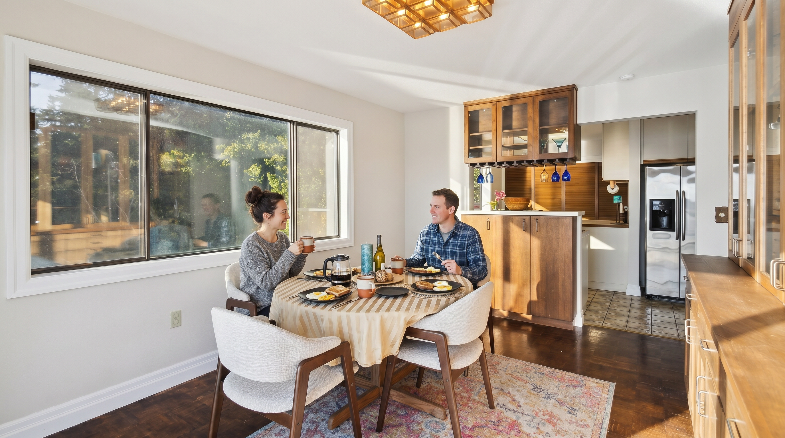 This dining area features a round table with four upholstered chairs set atop a vibrant, multi-colored patterned rug. A large window provides ample natural light, while a geometric wooden light fixture hangs above the table, adding a warm, textured element to the space. The room flows into an adjacent kitchen area, which includes a built-in wooden bar cabinet with glass-front upper storage and hanging stemware racks.