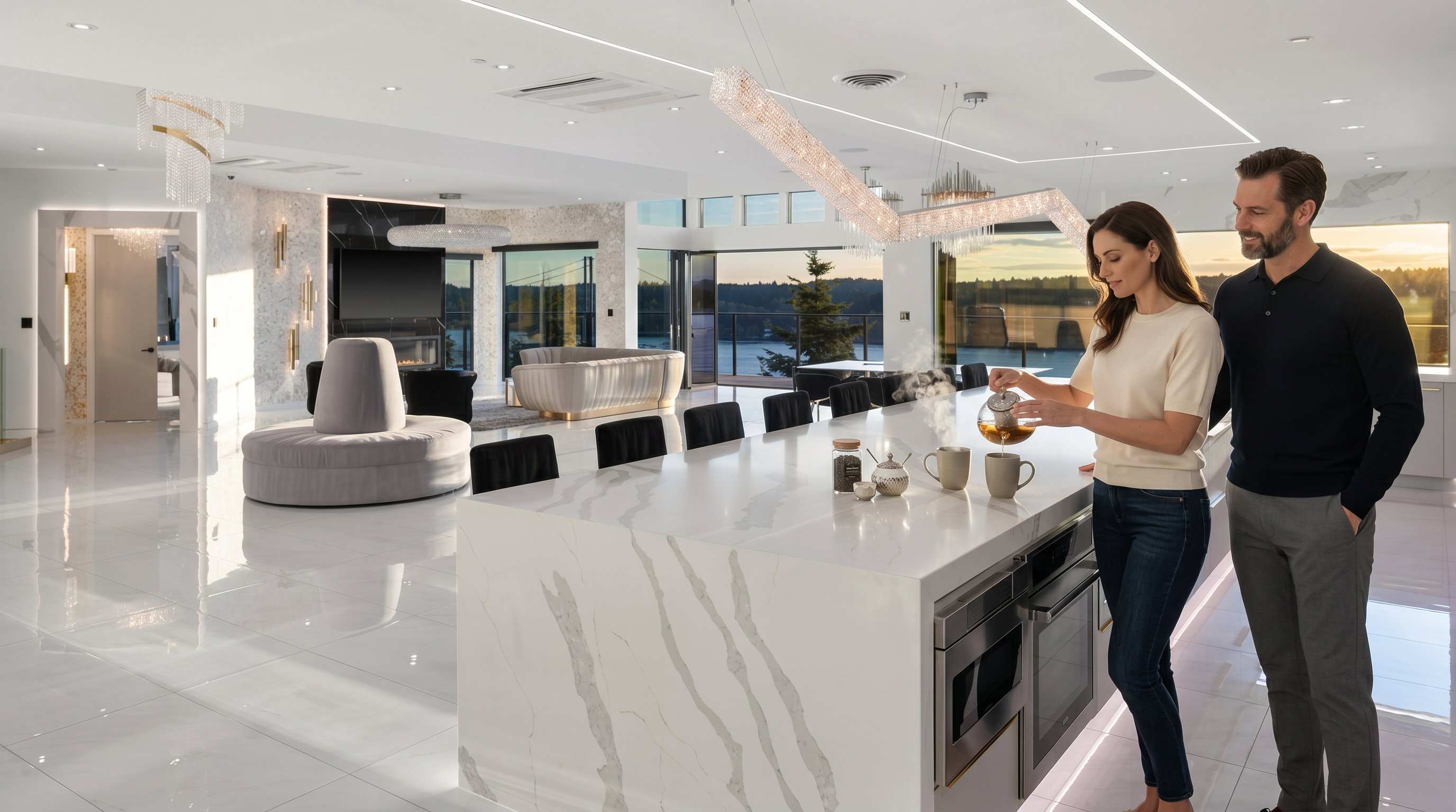 This expansive, ultra-modern open-concept kitchen features a massive central island with a waterfall-edge stone countertop and integrated stainless steel appliances. The space is characterized by high-gloss white tile flooring, minimalist cabinetry, and a striking, angular geometric light fixture suspended above the island. Large glass doors open to a scenic outdoor view, creating a seamless transition between the sleek interior and the natural landscape beyond.