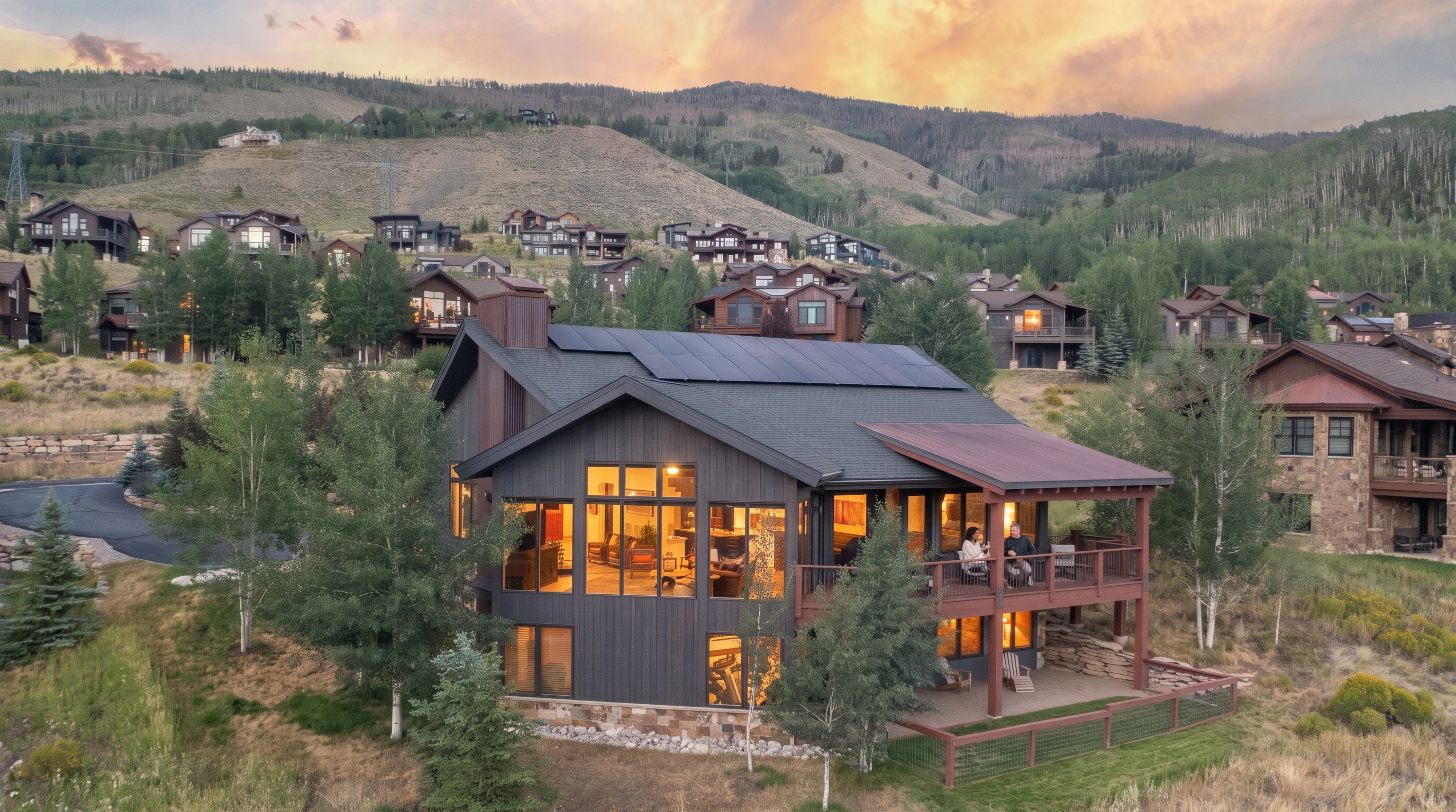 This stunning mountain residence features a modern rustic design with dark vertical siding, large floor-to-ceiling windows, and a spacious elevated deck overlooking the valley. The property is equipped with roof-integrated solar panels and is nestled within a scenic, well-established neighborhood against a backdrop of rolling hills. The warm glow of the interior lights creates a welcoming ambiance, highlighting the home's contemporary mountain aesthetic.