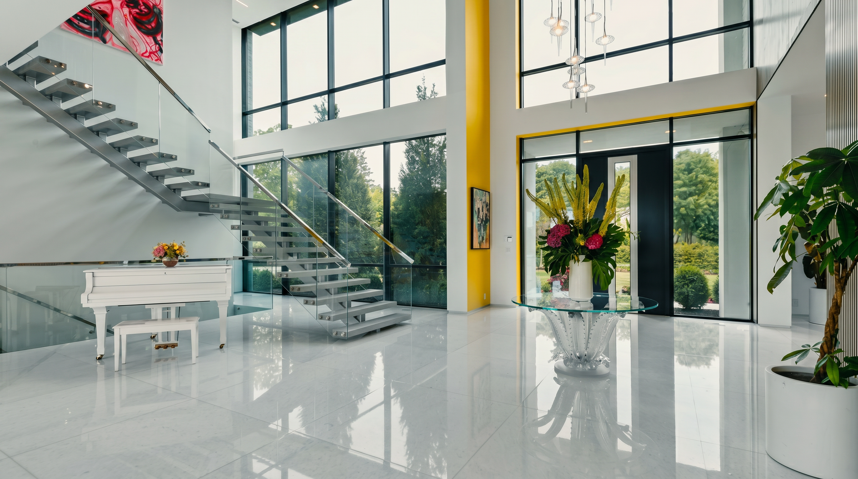 This grand, double-height foyer features polished light-colored stone flooring and a striking floating staircase with glass railings. A white baby grand piano sits beneath the stairs, while a circular glass-topped table with a vibrant floral arrangement serves as a focal point in the center of the room. The space is illuminated by a modern multi-pendant chandelier and expansive windows that provide a clear view of the lush greenery outside.