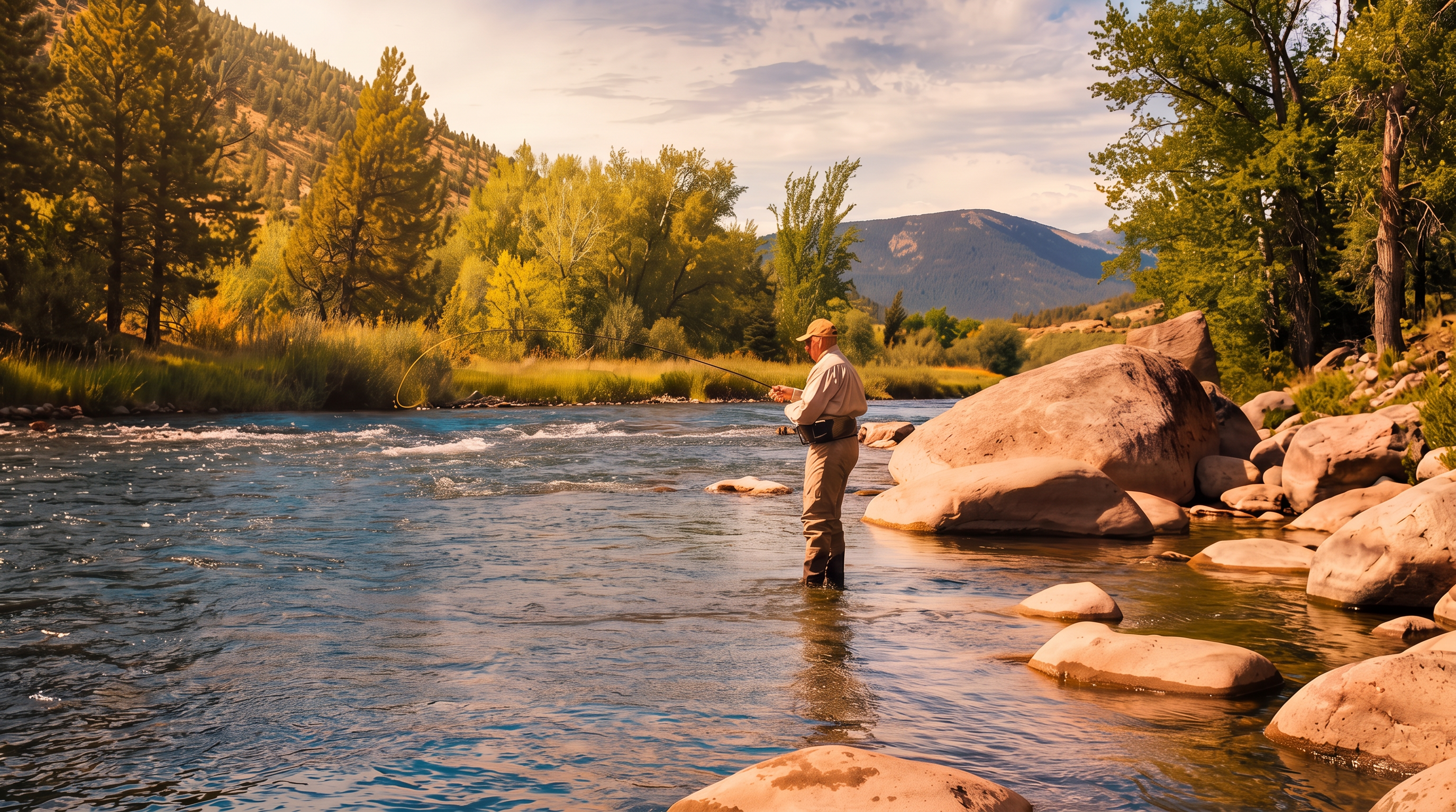 This image highlights a scenic natural amenity, featuring a person fly fishing in a clear, flowing mountain river surrounded by lush trees and distant mountain ranges. The tranquil landscape includes prominent large rock formations along the water's edge, enhancing the serene and outdoor-focused atmosphere. It exemplifies prime recreational property appeal, ideal for those seeking proximity to nature and outdoor water activities.