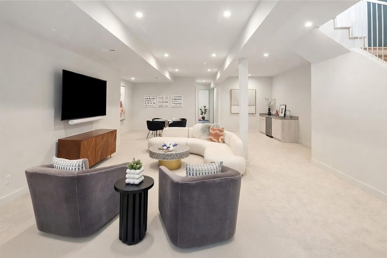 This spacious, finished basement features a contemporary open-concept layout with neutral carpeting and recessed lighting throughout. The area includes a comfortable lounge space with a curved sofa and two armchairs, a dedicated dining nook, and a wet bar equipped with a beverage refrigerator. A large wall-mounted television and a staircase leading to the upper level complete this versatile entertainment space.