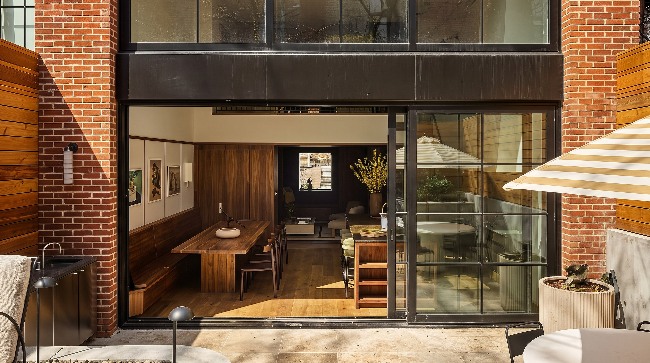 This image captures the rear exterior of a multi-story brick townhouse, showcasing a seamless transition between indoor and outdoor living spaces. The ground floor features large, floor-to-ceiling glass sliding doors that open onto a stone-paved patio, while the upper levels display classic brickwork and a rooftop terrace. The scene is framed by tree branches, creating a warm, inviting atmosphere that highlights the property's modern architectural renovation.