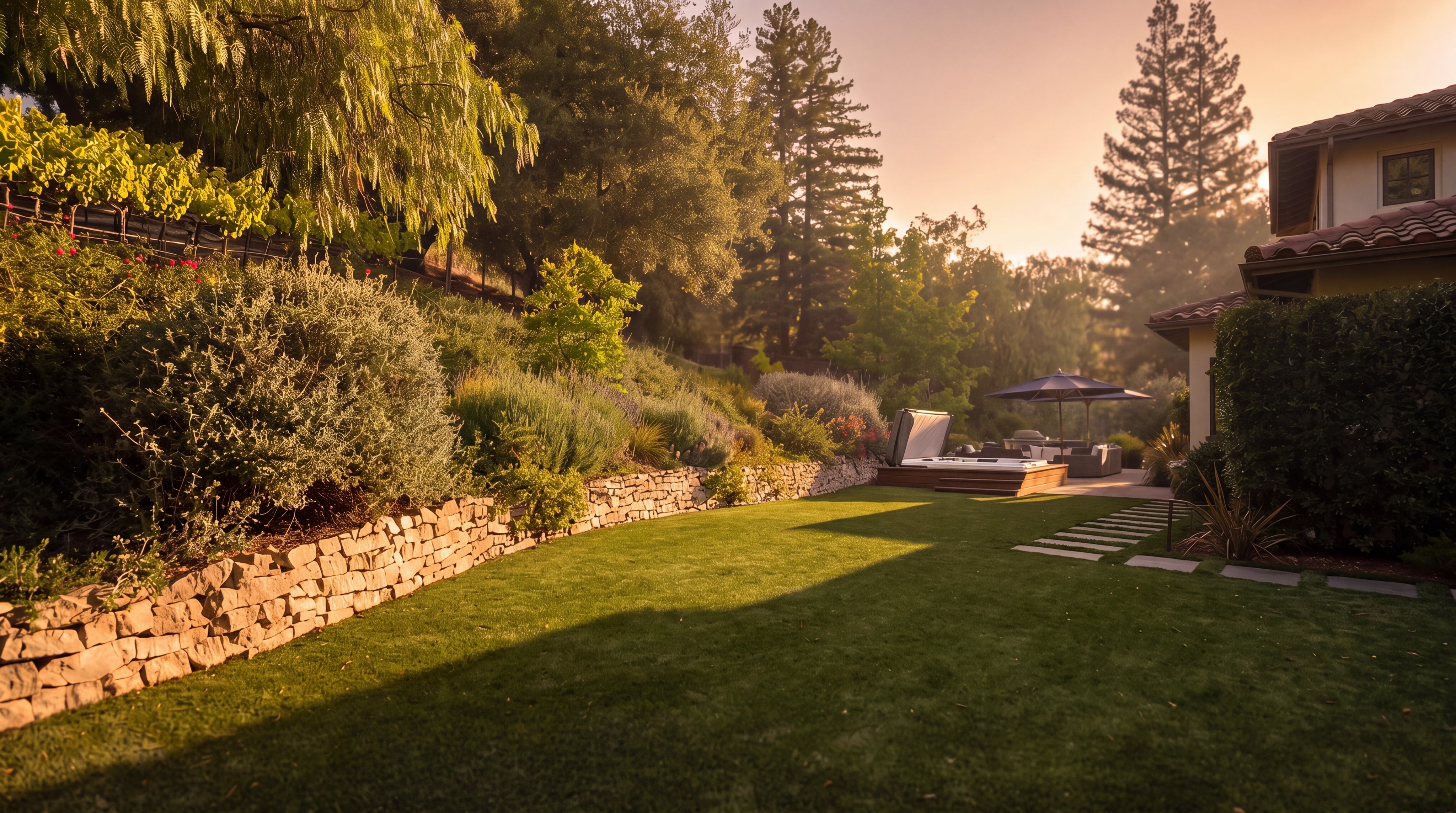 This expansive backyard features a lush green lawn bordered by a rustic stone retaining wall that transitions into a terraced hillside with mature trees and grapevines. A raised wooden deck hosts a hot tub under a blue umbrella, creating a private and serene outdoor retreat. The scene is captured from a ground-level perspective, emphasizing the well-manicured landscape and the peaceful, sun-drenched atmosphere.
