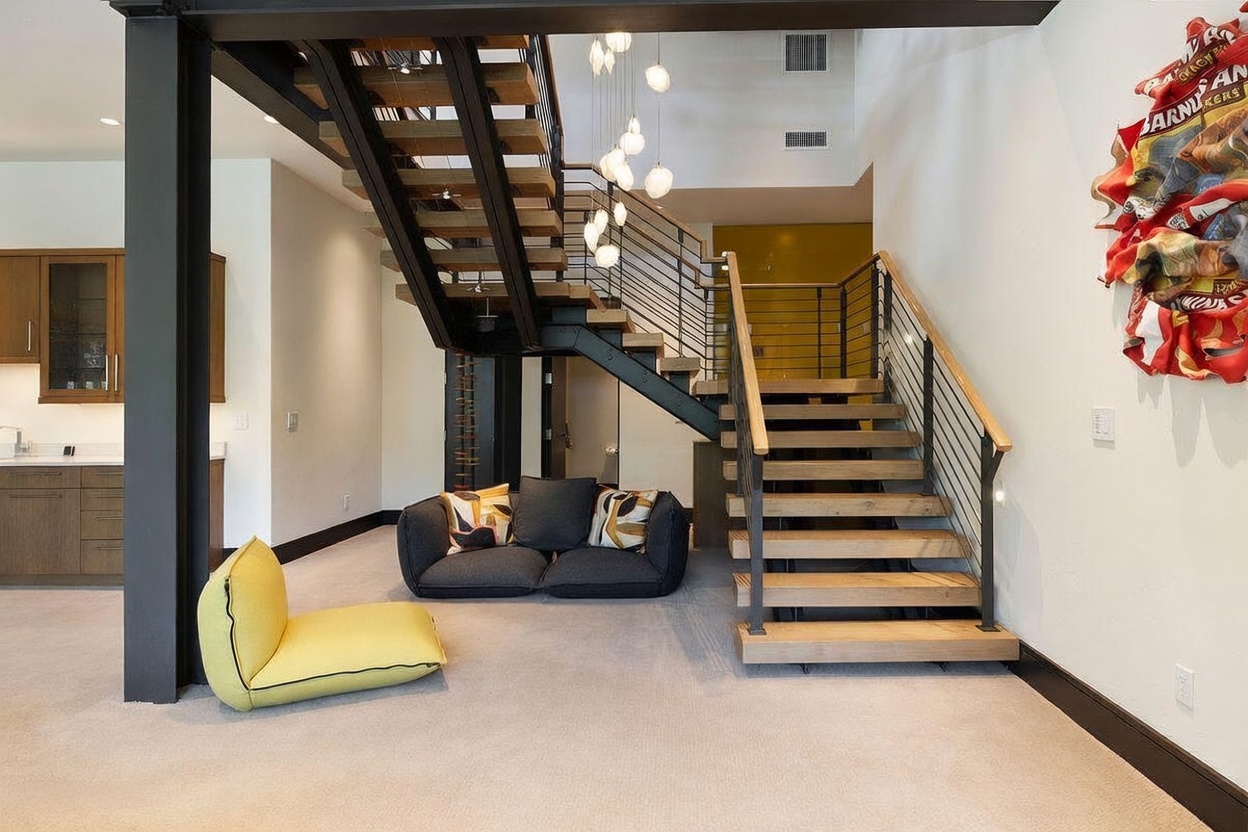 This contemporary living space features a striking open-tread staircase with metal railings that serves as a central architectural focal point. A low-profile, dark-toned sofa sits beneath the stairs, complemented by a bright yellow lounge chair in the foreground and a large, colorful abstract art piece on the wall. The open-concept design flows into a kitchen area on the left, creating a modern and airy atmosphere.