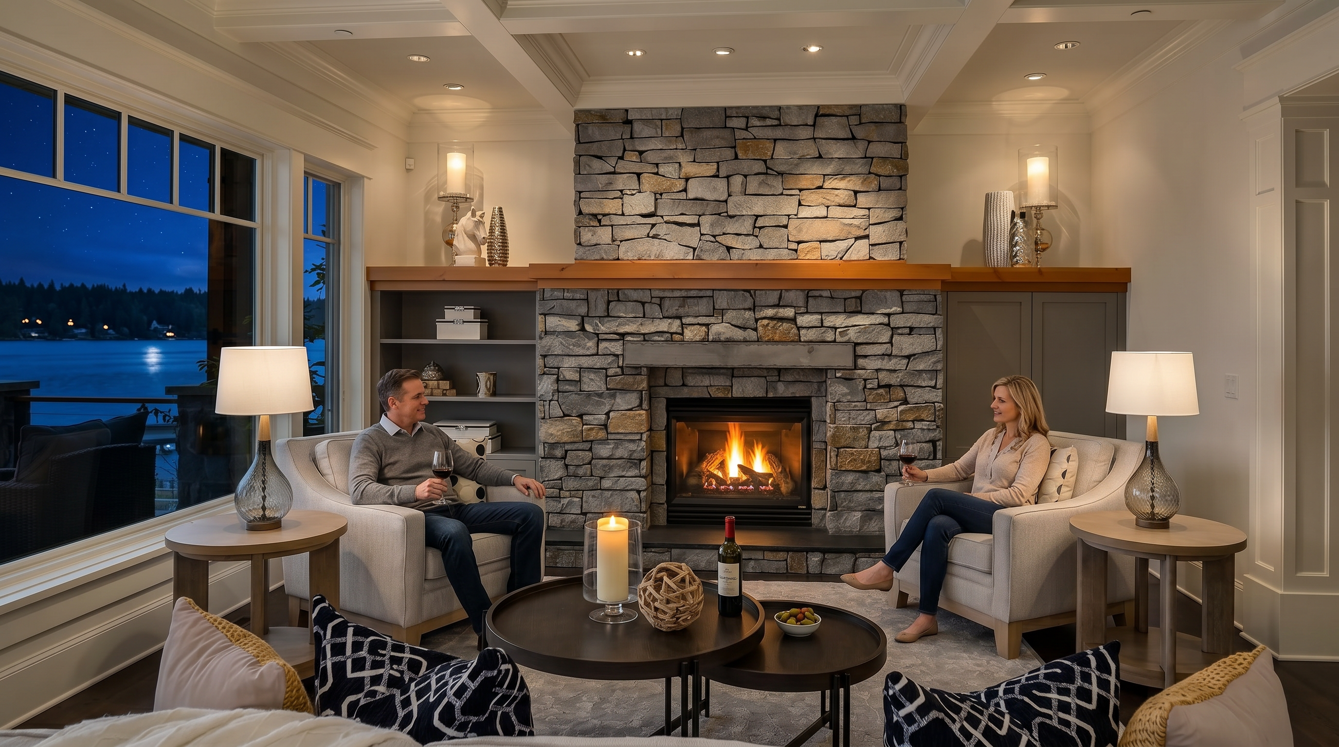 This elegant living room features a prominent floor-to-ceiling stone fireplace as its centerpiece, flanked by built-in shelving and cabinetry. The space is furnished with two comfortable armchairs, a nested coffee table set, and a coffered ceiling that adds architectural depth. Large windows on the left provide a scenic view of the outdoors, creating a bright and inviting atmosphere.