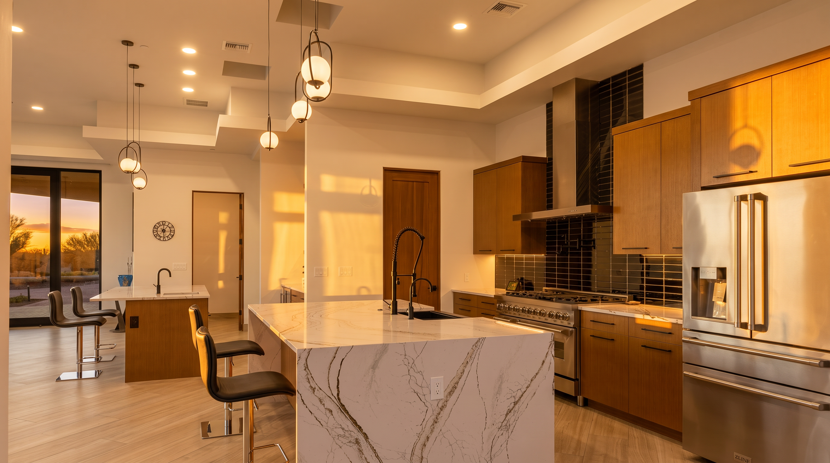 This modern kitchen features a large central island with a waterfall-edge stone countertop and black bar stools, complemented by light wood cabinetry and stainless steel appliances. A dark tiled backsplash behind the range adds a striking contrast, while multiple pendant lights hang from the high ceiling to illuminate the workspace. The open-concept layout includes a secondary island area and a view through a large glass door, creating a bright and sophisticated atmosphere.