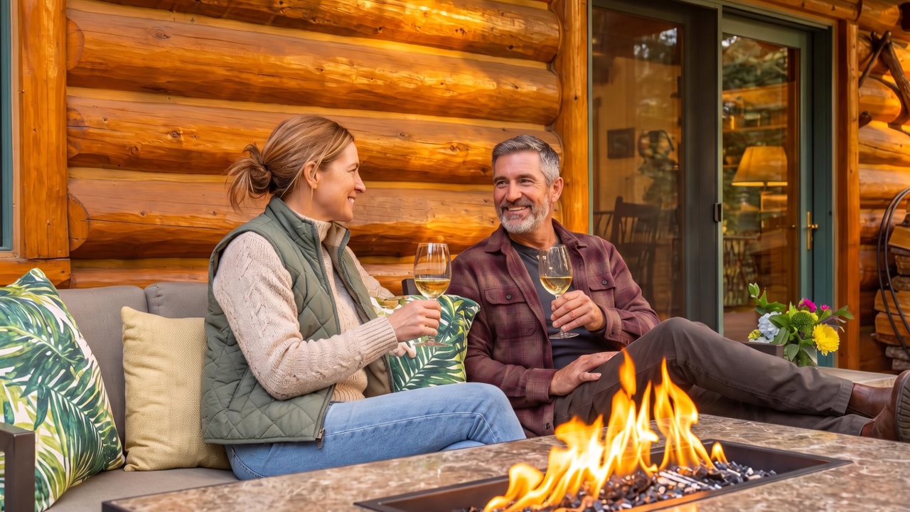 This inviting outdoor deck features a rustic log cabin aesthetic with a cozy seating area centered around a rectangular stone-topped fire pit. The space is furnished with a comfortable sofa and chaise lounge adorned with patterned and solid-colored pillows, while a stack of firewood is neatly organized against the exterior wall. A balcony with decorative metal railings overlooks the deck, creating a warm and relaxing atmosphere perfect for mountain living.