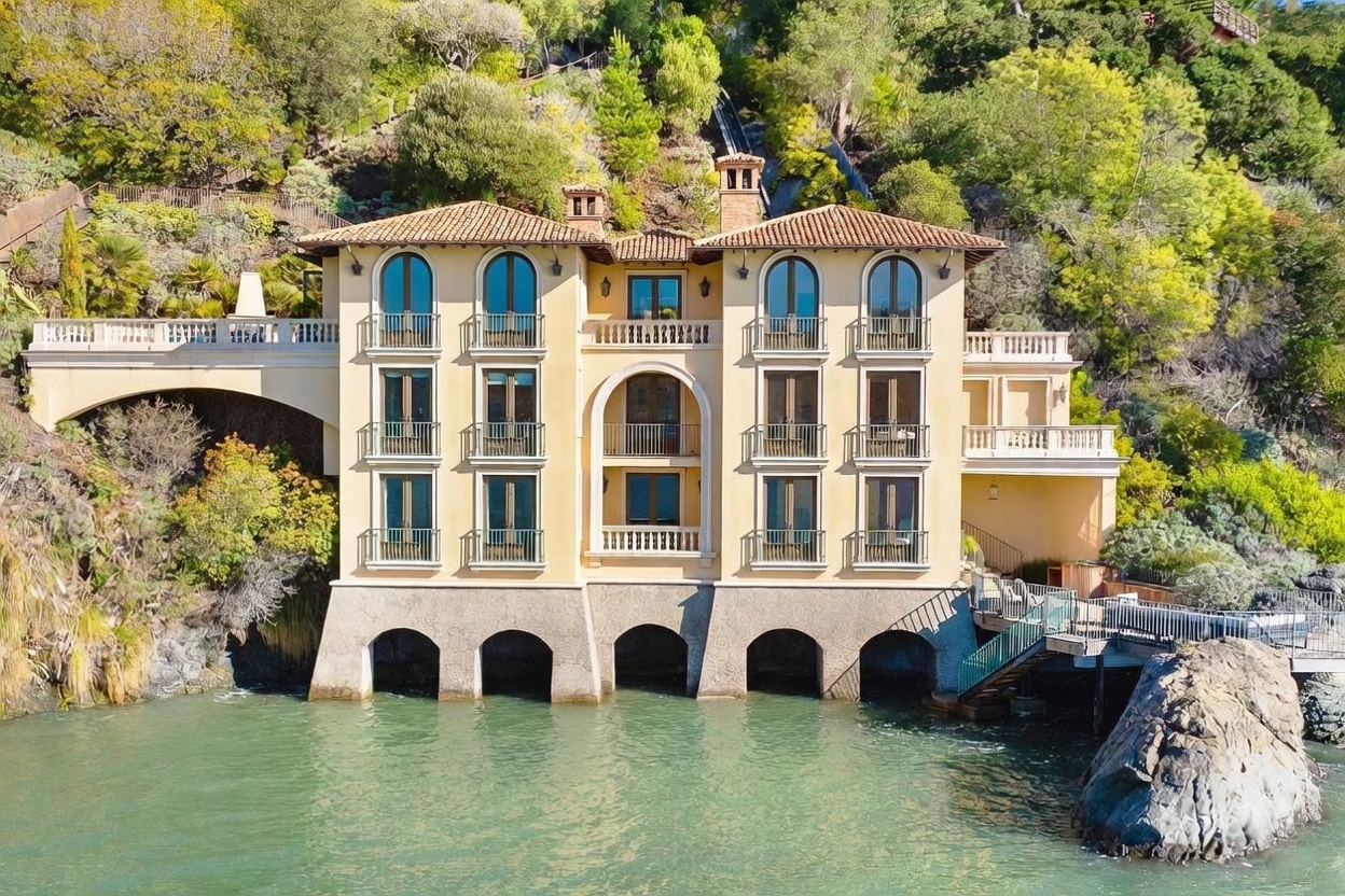 This stunning Mediterranean-style villa is positioned directly over the water, featuring a symmetrical facade with multiple levels of arched balconies. The structure is built upon a stone foundation with arched openings that allow water to flow beneath the home, while a funicular track is visible climbing the lush, tree-covered hillside behind it. The perspective is a direct, eye-level shot from the water, highlighting the property's unique waterfront integration and architectural elegance.