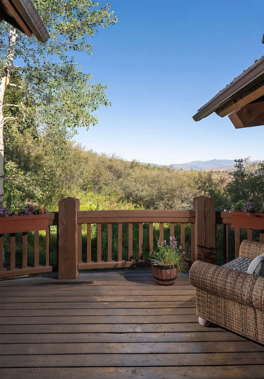 This elevated wooden deck offers a serene outdoor living space with comfortable wicker seating and a vibrant potted plant. The deck is enclosed by a sturdy wooden railing and overlooks a lush, rolling landscape of trees and distant mountains under a clear blue sky. The perspective is from the center of the deck, capturing a peaceful and inviting atmosphere perfect for relaxation.
