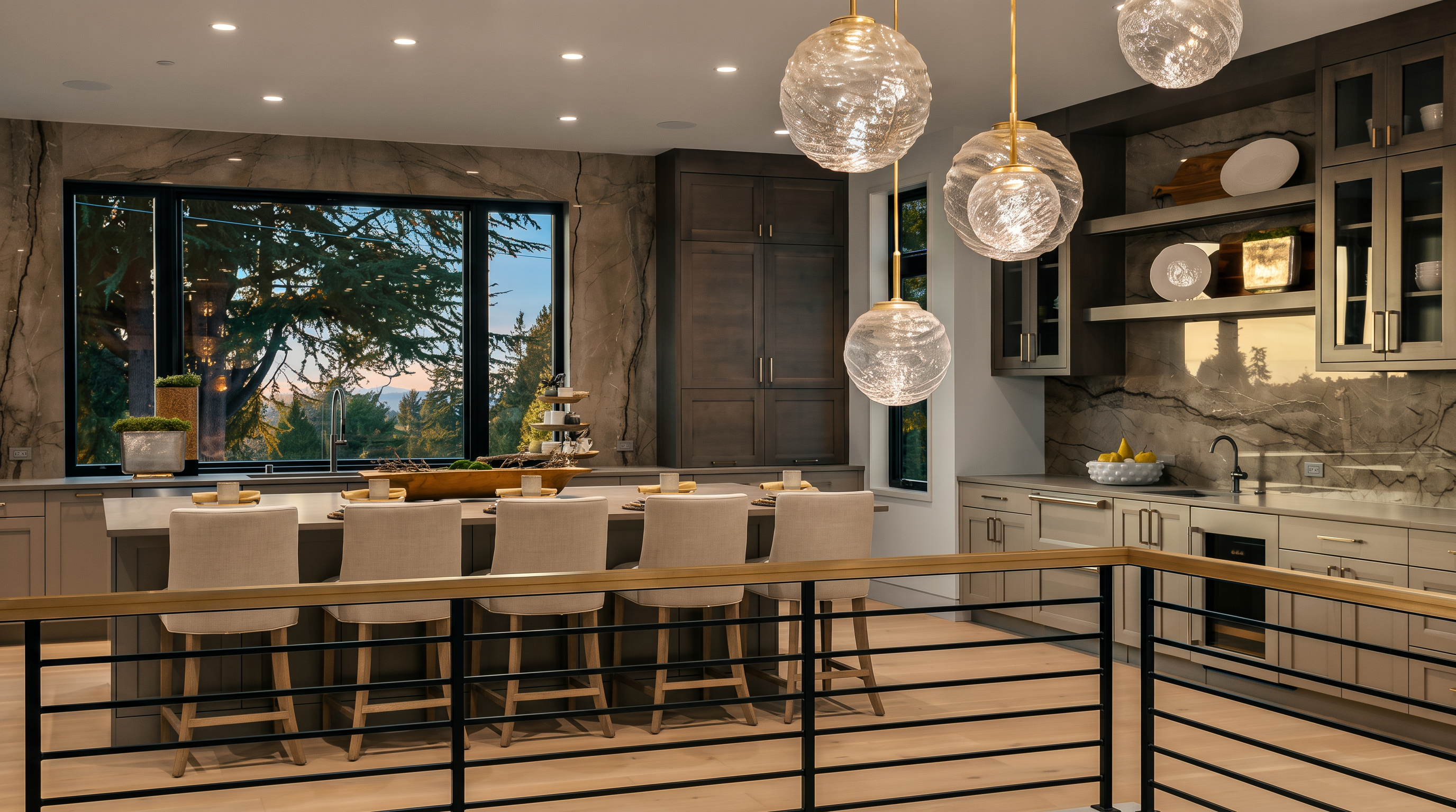 This modern kitchen features a large central island with seating for four, complemented by sleek, dark-toned cabinetry and stone-textured wall accents. Three textured glass pendant lights hang above the island, while a large window provides a scenic view of the outdoors. The space is defined by a clean, contemporary aesthetic with light wood flooring and a minimalist railing in the foreground.