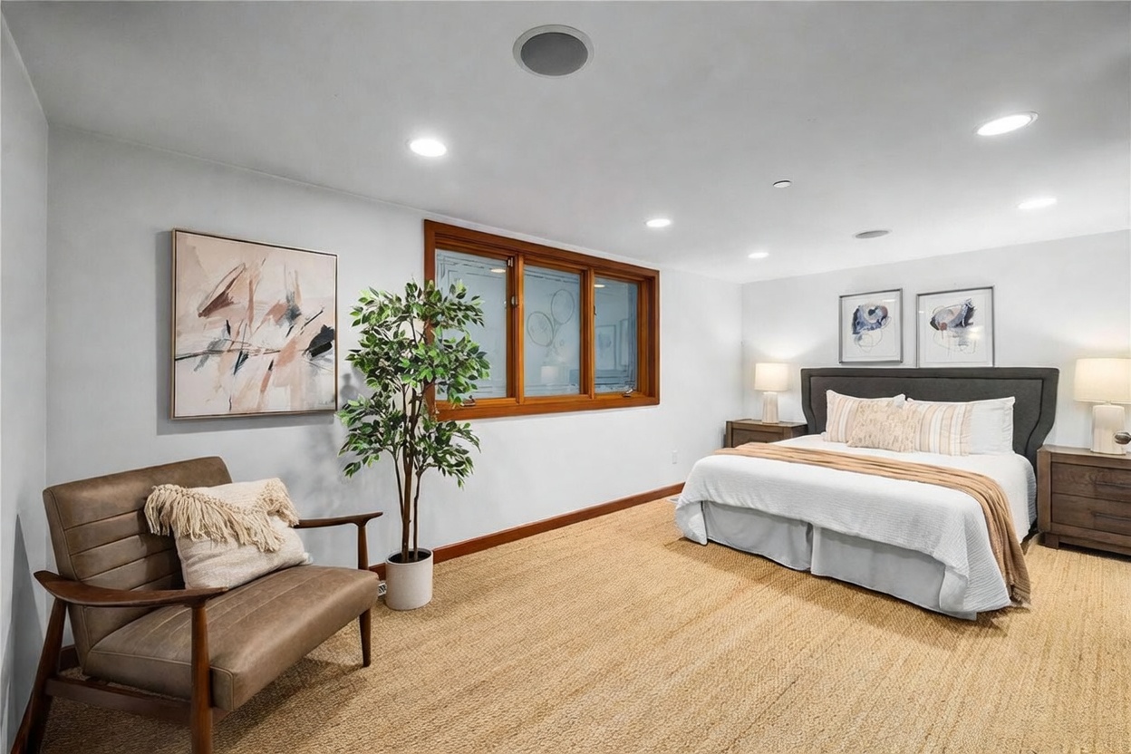 This spacious primary bedroom features a neutral color palette, a plush king-sized bed with a dark grey upholstered headboard, and a cozy leather accent chair. The room is illuminated by recessed lighting and two bedside lamps, creating a warm and inviting atmosphere. A large window with wooden trim allows for natural light, while textured carpeting and tasteful wall art complete the sophisticated, comfortable design.