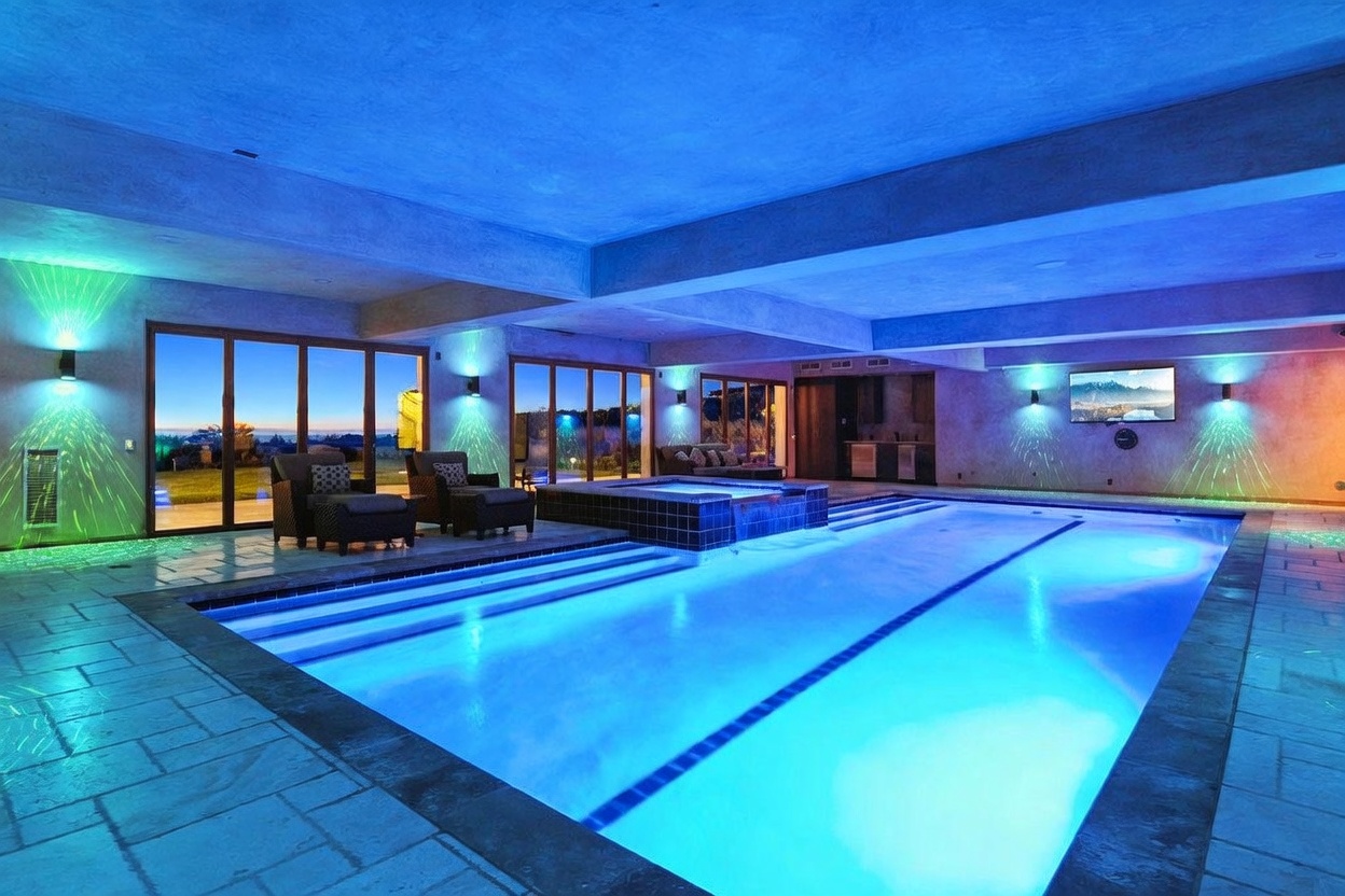 This indoor pool area features a large, rectangular swimming pool with integrated lighting and a central raised spa. The space is surrounded by stone tile flooring and large glass doors that provide a view of the outdoor landscape. The room is illuminated by ambient blue lighting and decorative laser-style light projections on the walls, creating a sophisticated and modern atmosphere.
